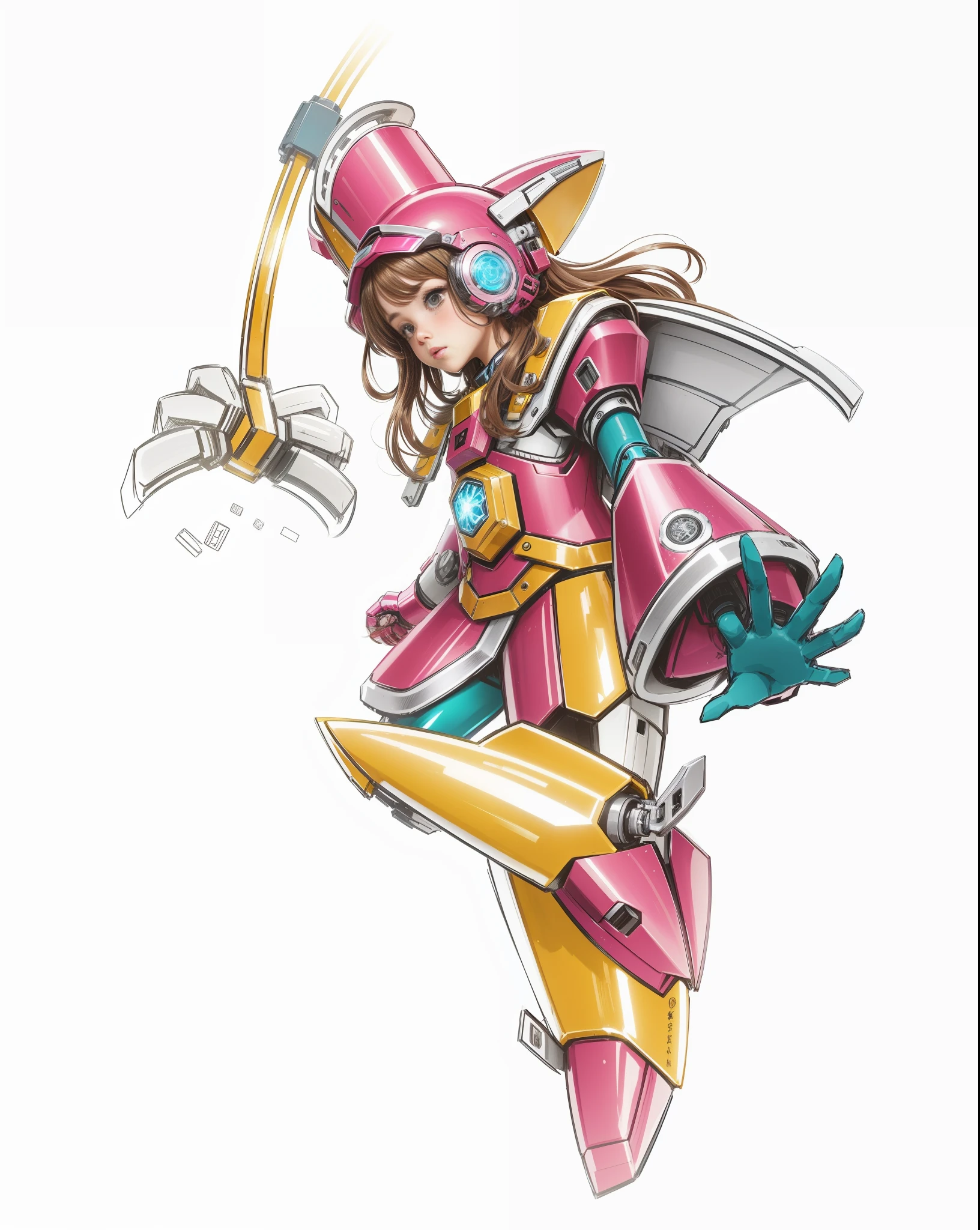 A girl in a mecha, pink mech, wand in right hand, metallic texture, strong sense of technology, brown hair, helmet, contrast lighting, fighting action, white background, HD, perfect fingers,