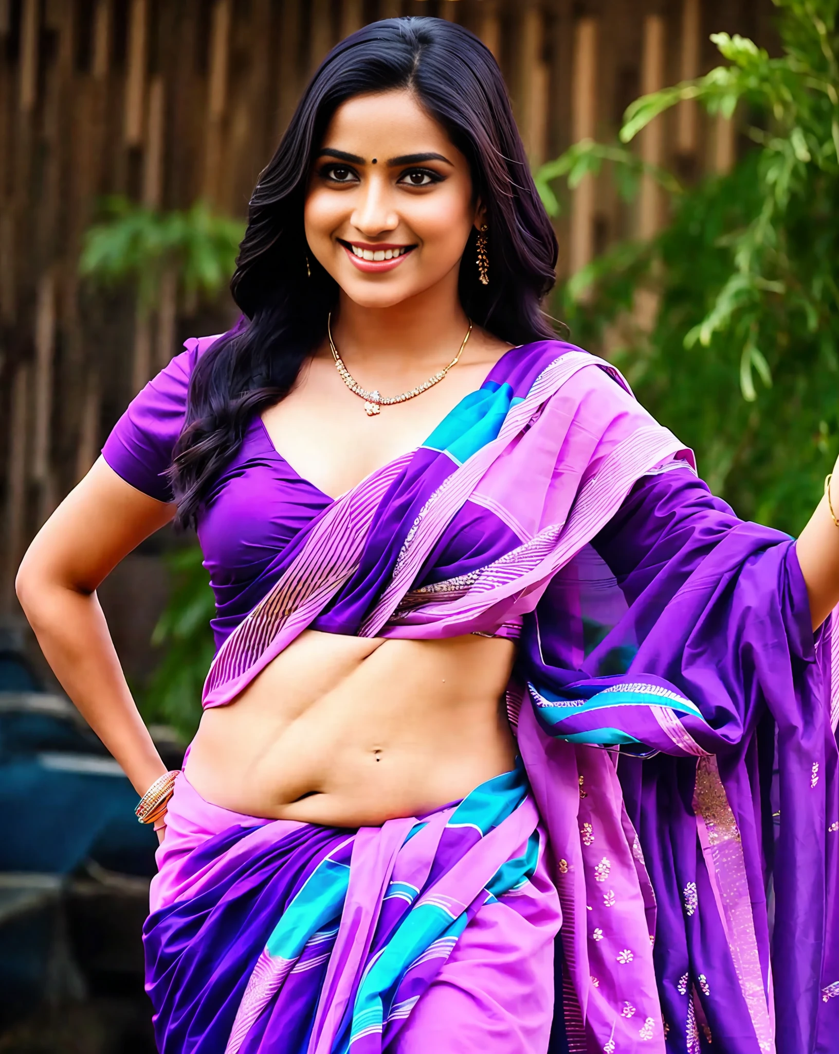 4girls, purple saree, (1 girl),(masterpiece: 1.3), (beautiful: 1.2), (high quality: 1.2),((lifelike))