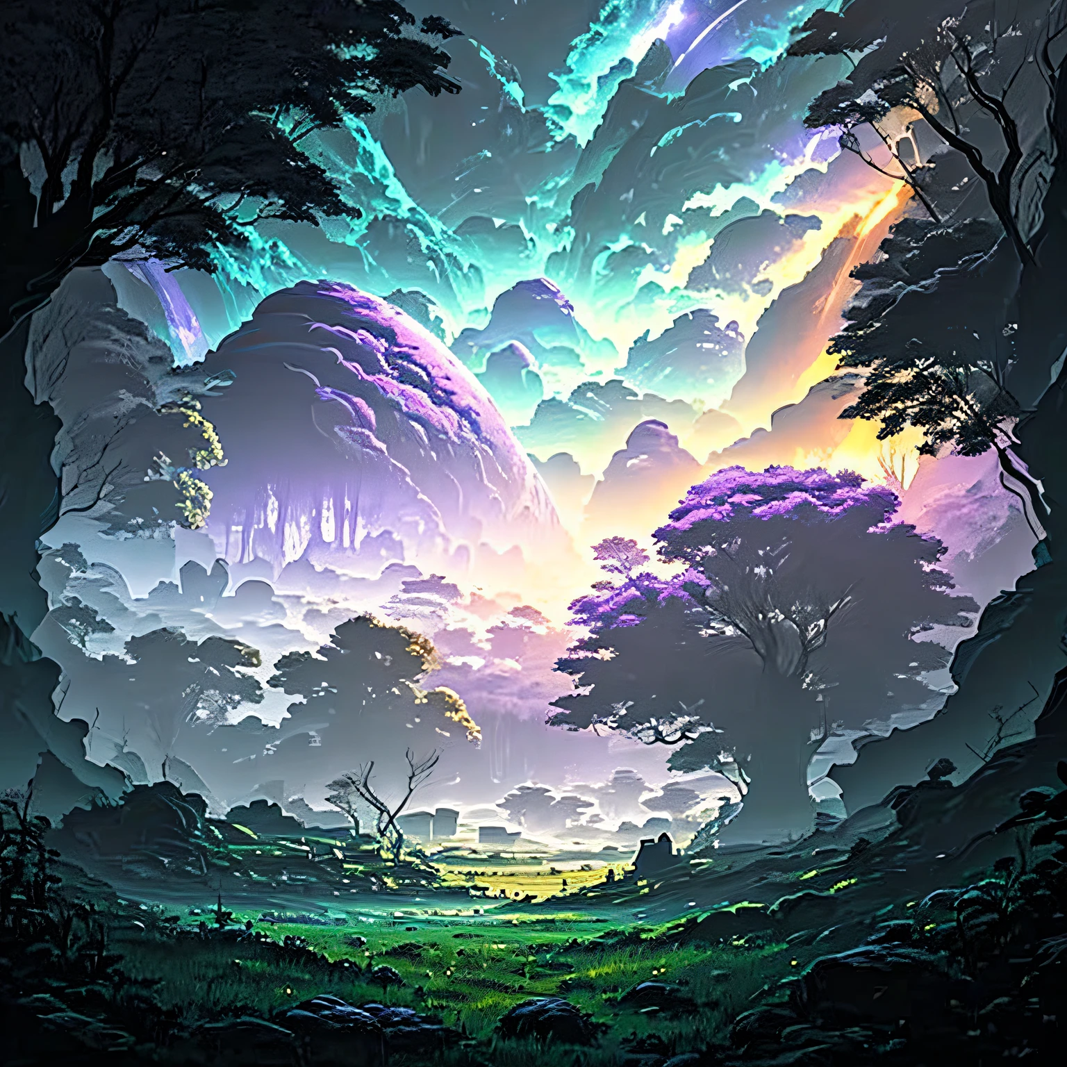 landscape on a strange alien planet, twin suns, atmospheric colours, fields, trees in the background, dense foliage, animals, picturesque, photo, synthwave