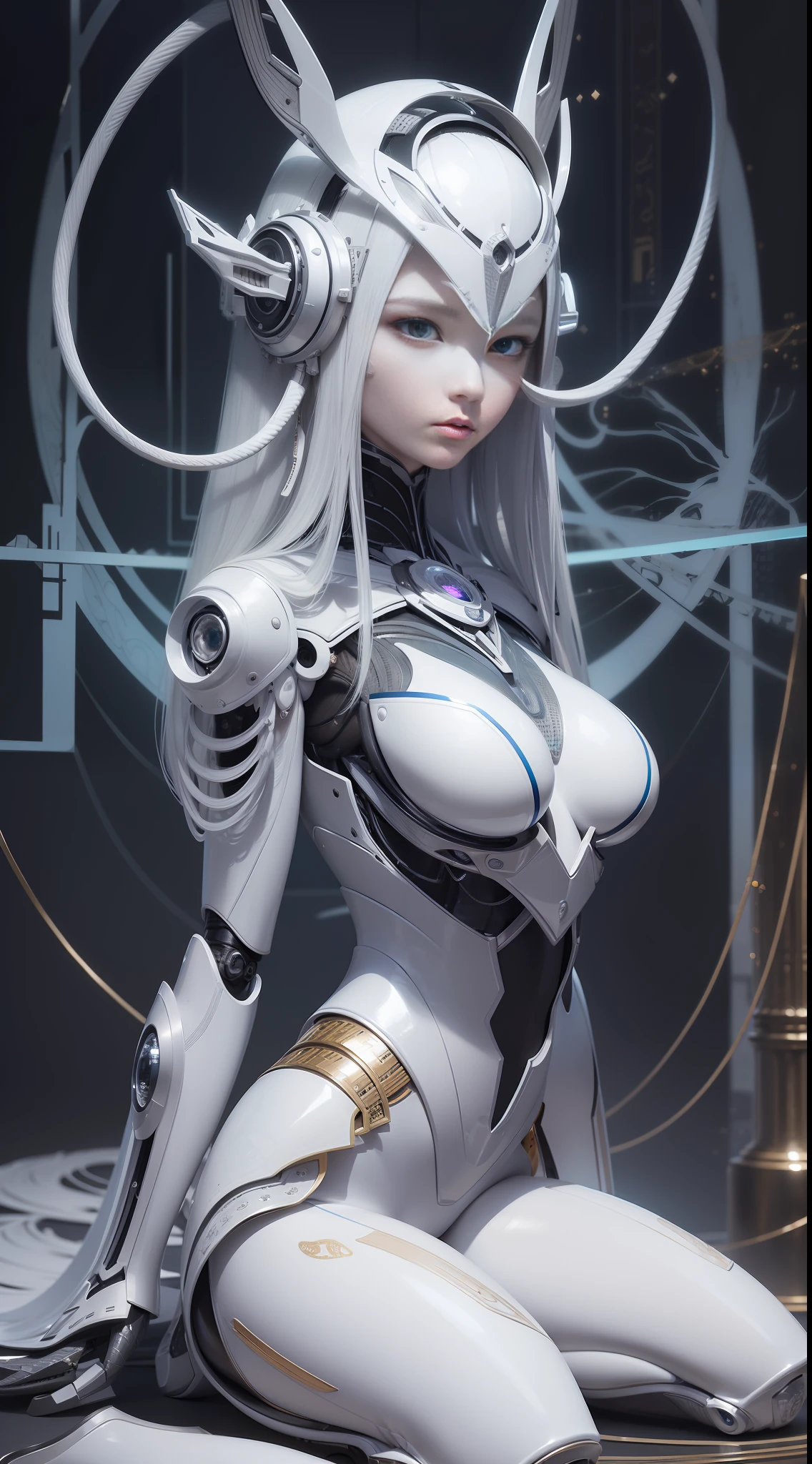 Intricate 3d rendering of highly detailed beautiful ceramic silhouette female robot face, robot, robot part, 150 mm, beautiful studio soft light, rim light, vibrant details, luxurious cyberpunk, lace, surreal, anatomy, facial muscles, cables wires, microchip, elegant, beautiful background, octane rendering, HR Giger style, 8k, best quality, masterpiece, illustration, very delicate and beautiful, very detailed, CG, unity, wallpaper , (fidelity, fidelity: 1.37), amazing, fine detail, masterpiece, best quality, official art, extremely detailed cg unity 8k wallpaper, absurd, unbelievably absurd, robot, silver helmet, full body, sitting write