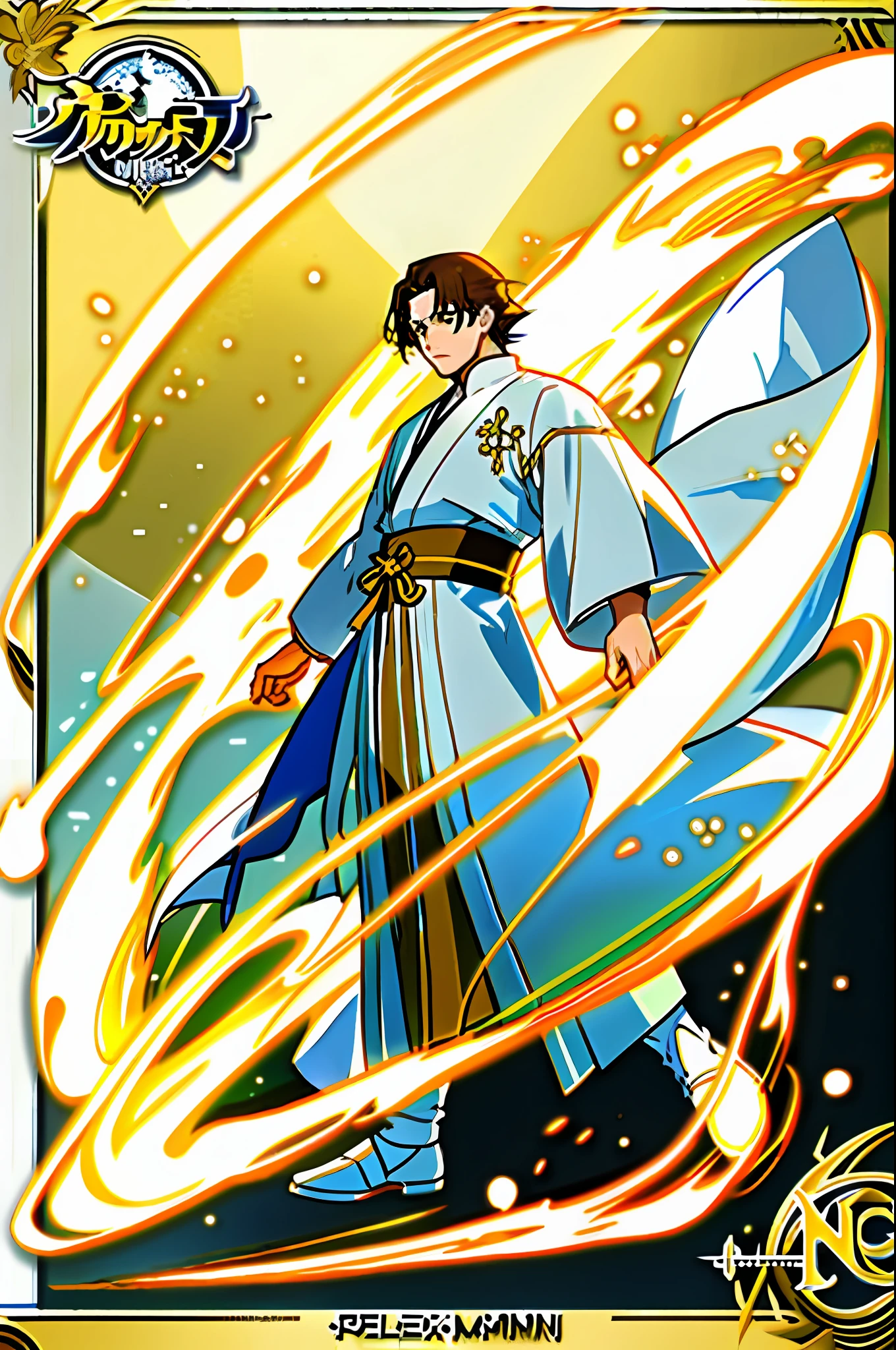 1man 1character boy anime polar monk golden and white outfit dark hair fullbody reference sheet multiple angles splash art character design