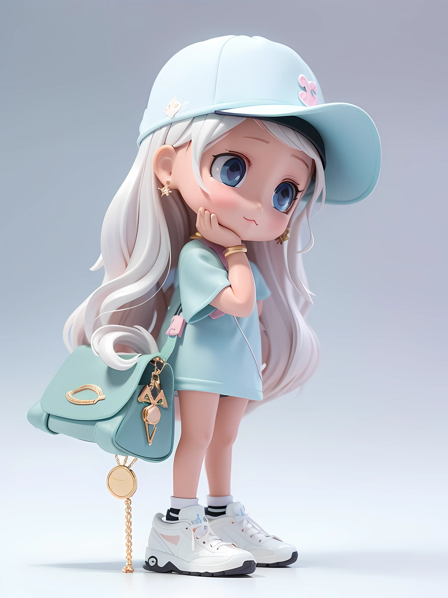 a close up of a doll with a hat and a purse, cute art style, ( highly detailed figure ), style as nendoroid, anime styled 3d, trending on cgstation, good smile company anime style, render of a cute 3d anime girl, 2d matte illustration, cute 3 d render, highly detailed character, 3d matte illustration