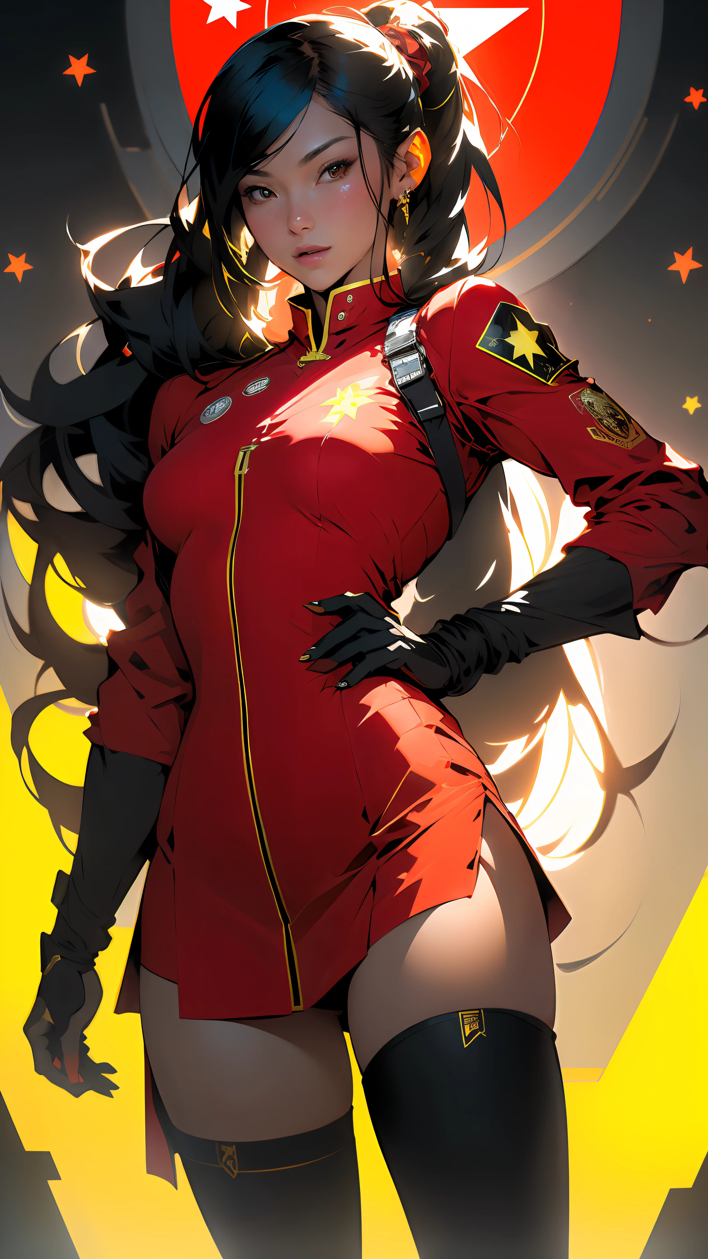 (masterpiece、Highest quality、High resolution、Highest quality、Realistic depiction)Created by older sister(whole body)、Long Black Hair、Beautiful Eyes、Race Queen Uniform、Clothes that accentuate the body lines、Tight Skirt、Big Breasts、valley、smile、　Sports car in the background(red)、Circuit