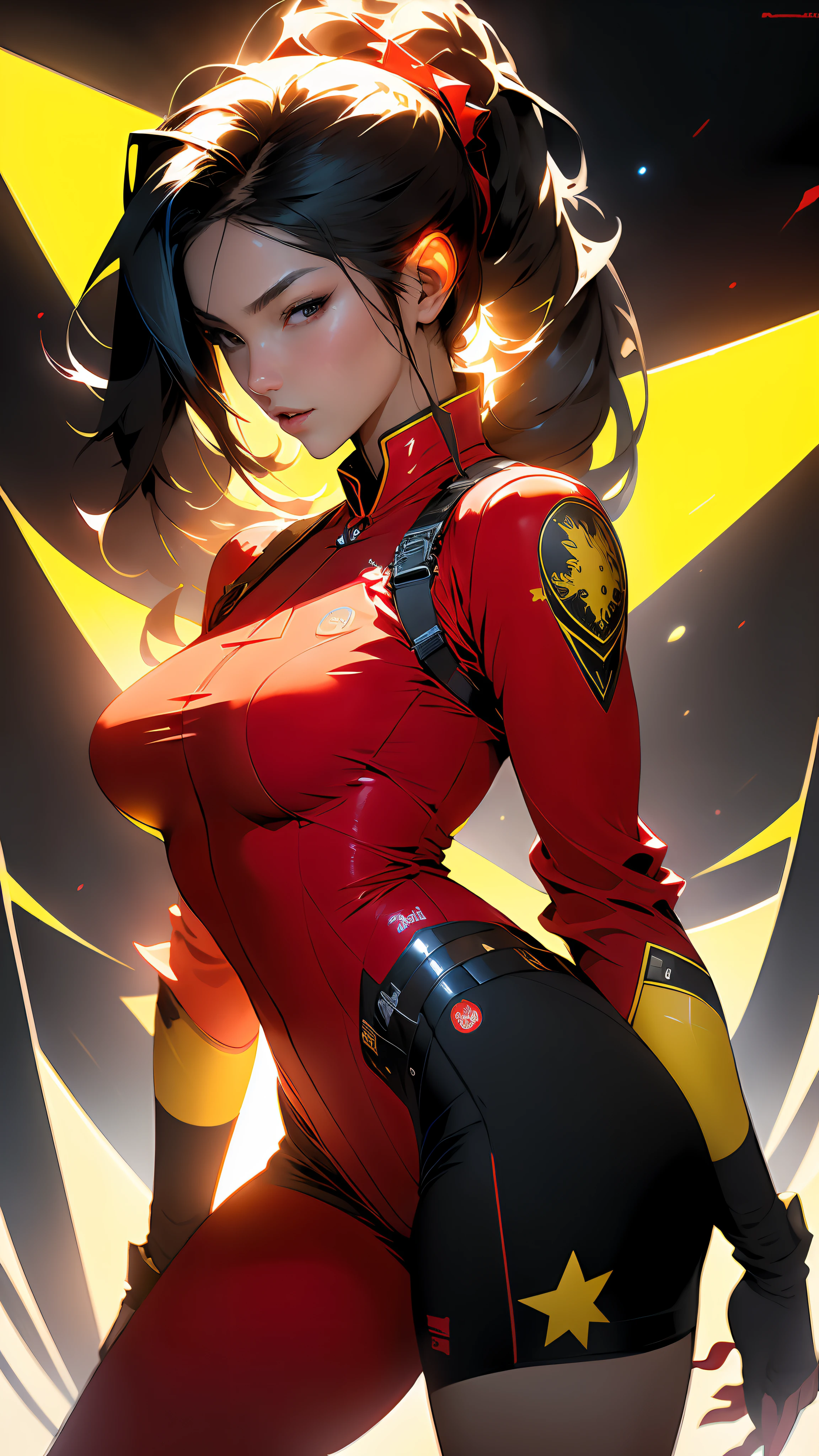 ((Best quality)), ((masterpiece)), (detailed: 1.4), Absurd, Fighter pilot Chinese woman ready for war, muscular body defined, half-thick thighs bare, mouth closed, only panties, muscular body parts covered by technological clothing, (((medium breasts)) perfect, generous neckline, ((red outfit with several yellow stars on the uniform)), China, dragon, kung Fu, pastel, long straight black hair with double ponytail, a robotic arm, oriental eyes pulled, short underwear, garter belt, by mucha, niji --V5, close to real, best quality, almost naked, psychopath, crazy face, sexy pose, 2 piece clothes, dragon designs on the arms, cyberpunk, airplane wings on the back, oriental flame shoulder pad, totally red outfit with yellow 3-pointed stars, pointed shoulder pads, Pupilless Pulled Black Eyes, HDR (High Dynamic Range),Ray Tracing,NVIDIA RTX,Super-Resolution,Unreal 5,Subsurface Dispersion, PBR Texture, Post-processing, Anisotropic Filtering, Depth of Field, Maximum Clarity and Sharpness, Multilayer Textures, Albedo and Specular Maps, Surface Shading, Accurate Simulation of Light-Material Interaction, Perfect Proportions, Octane Render, Two-Tone Lighting, Wide Aperture, Low ISO, White balance, Rule of thirds, 8K
