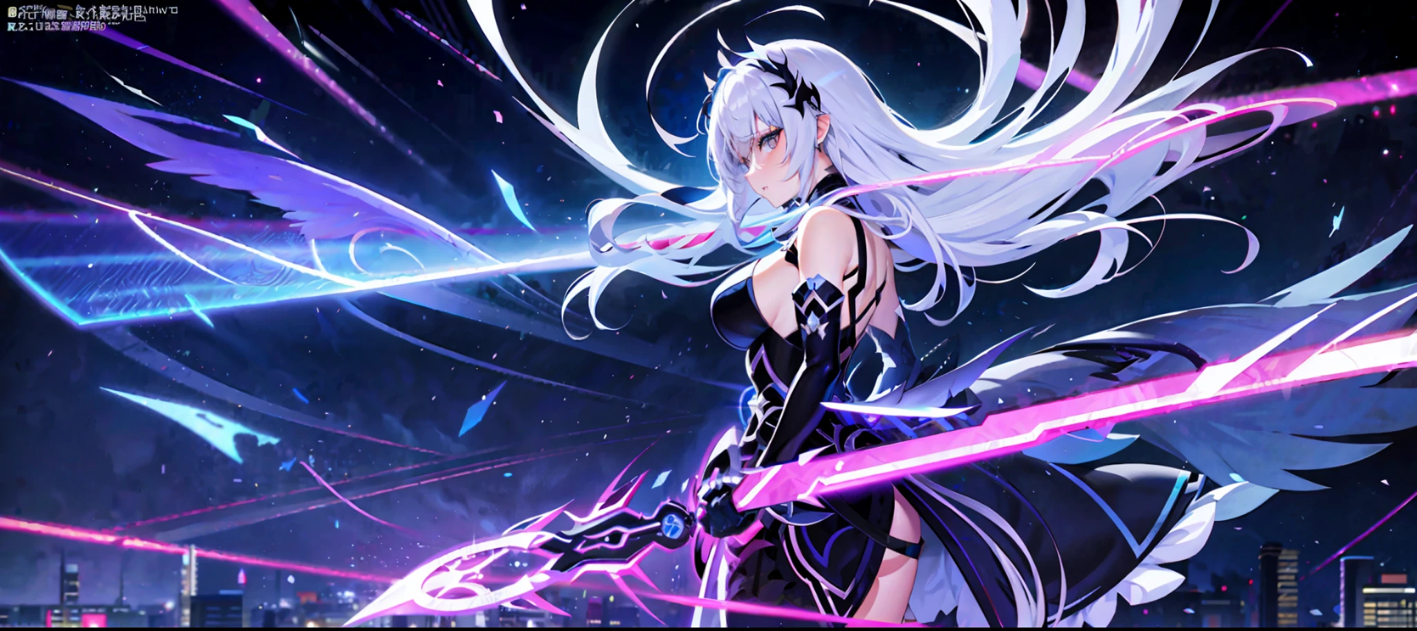 Anime characters standing on the railing of the city at night, Girls Front CG, Best Anime 4K Konachan Wallpaper, Girls Front Universe, Girls Front style, from Girls Front, fine details. Girl Front, Girl Front, Video Game from Azure Alley, Badass Anime 8 K, Visual Novel CG, Visual Novel Key Visuals, Black Neon Close-up of a Woman with Sword and Wings, Anime Goddess, Angel Knight Girl, White Haired God, High Detail Official Art, Epic Light Novel Art Cover, Angel Prire, Seductive Anime Girl, Azure Lane style, Beautiful Seductive Anime Woman, Masterpiece Goddess of Sorrow, from Azure Lane video game, Light Novel cover art, portrait of a zodiac girl knight