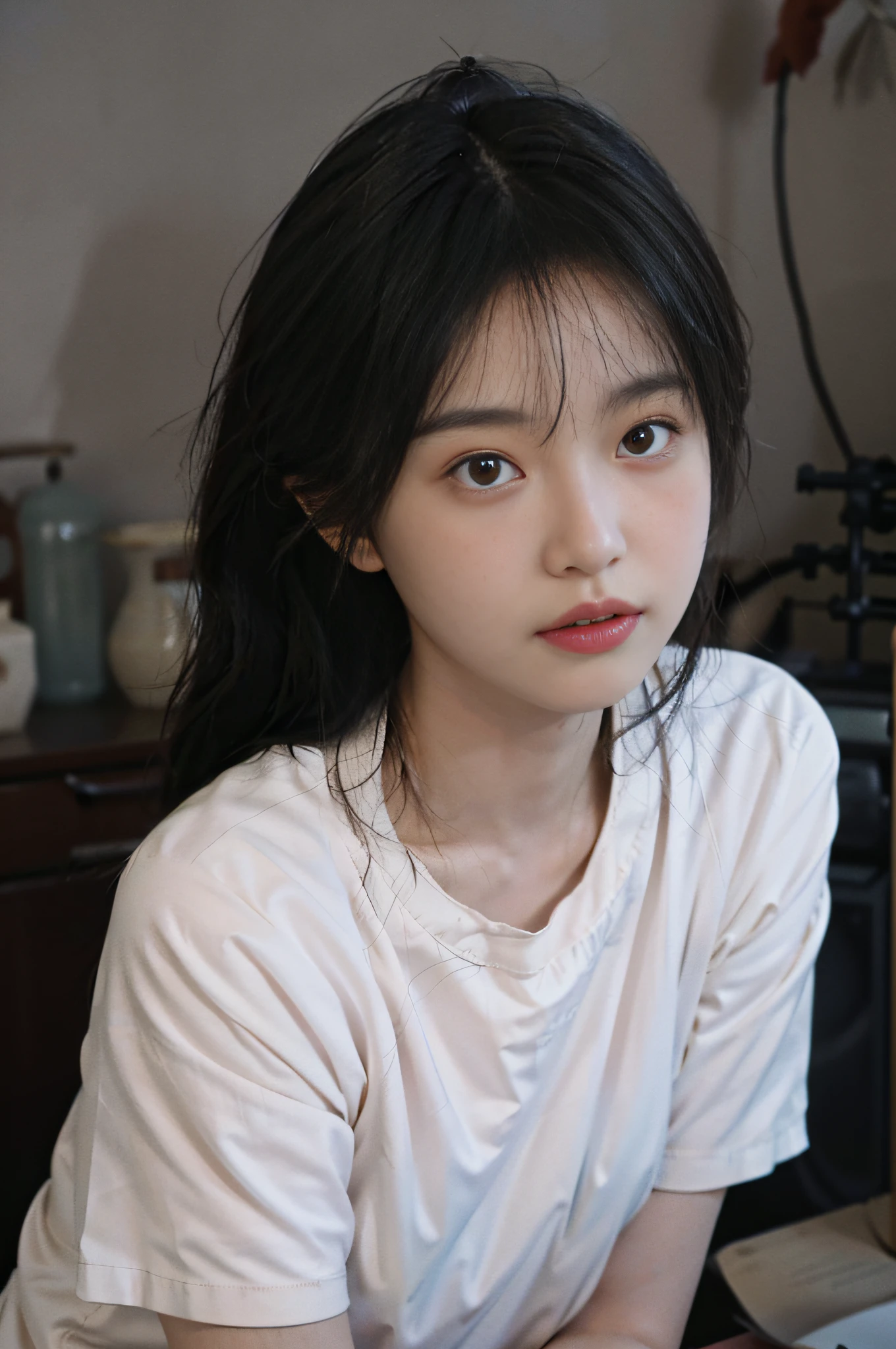 Temperament girl, delicate facial features, bangs, brown ponytail, messy hair, hair is very realistic, wearing a pink shirt with short sleeves, the background is a studio, sea view, Du Qiong, exquisite makeup, light red lips, big eyes, double eyelids, black holes, bright eyes, symmetrical face, very real face, narrow waist, thighs, meticulously portraying the girl's face, blush, super high appearance, looking at the audience, very realistic skin, skin oil reflection, artwork, clothes with real fabric texture, realistic painting, Cinematic style, photography level, ray tracing, realistic light and shadow effects, realism, masterpiece, like the top photography effect, 8K