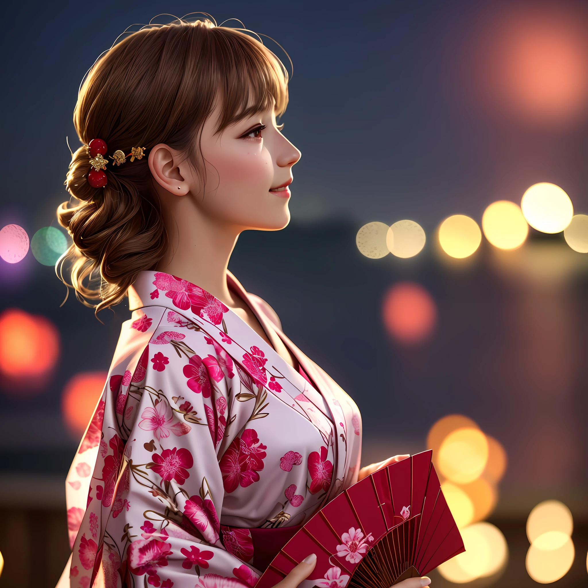 Top quality, masterpiece, high-resolution, 1girl, wearing a yukata with pink cherry pattern on a red background, hair ornament, jewelry, beautiful face, on_body, tyndall effect, photorealistic, (high detail skin: 1.2), 8K UHD, DSLR, soft lighting, high quality, volumetric lighting, frank, photography, high resolution, 4k, 8k, bokeh, light brown hair color, small, Bright red wet lips, many fireworks in the night sky along the big river, beautiful girl looking happy, profile, fan, long lashes.