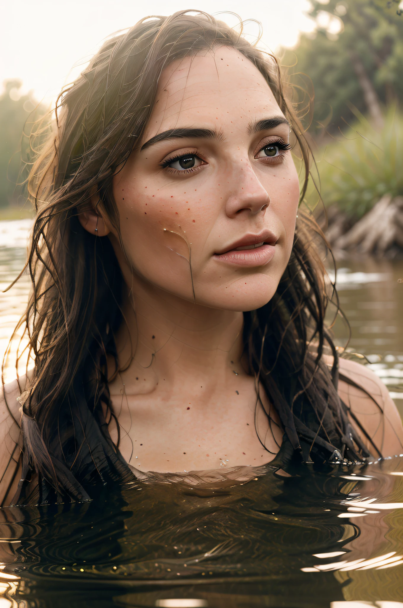 close up portrait of a cute woman (gldot) bathing in a river, reeds, (backlighting), realistic, masterpiece, highest quality, lens flare, shade, bloom, [[chromatic aberration]], by Jeremy Lipking, by Antonio J. Manzanedo, digital painting,