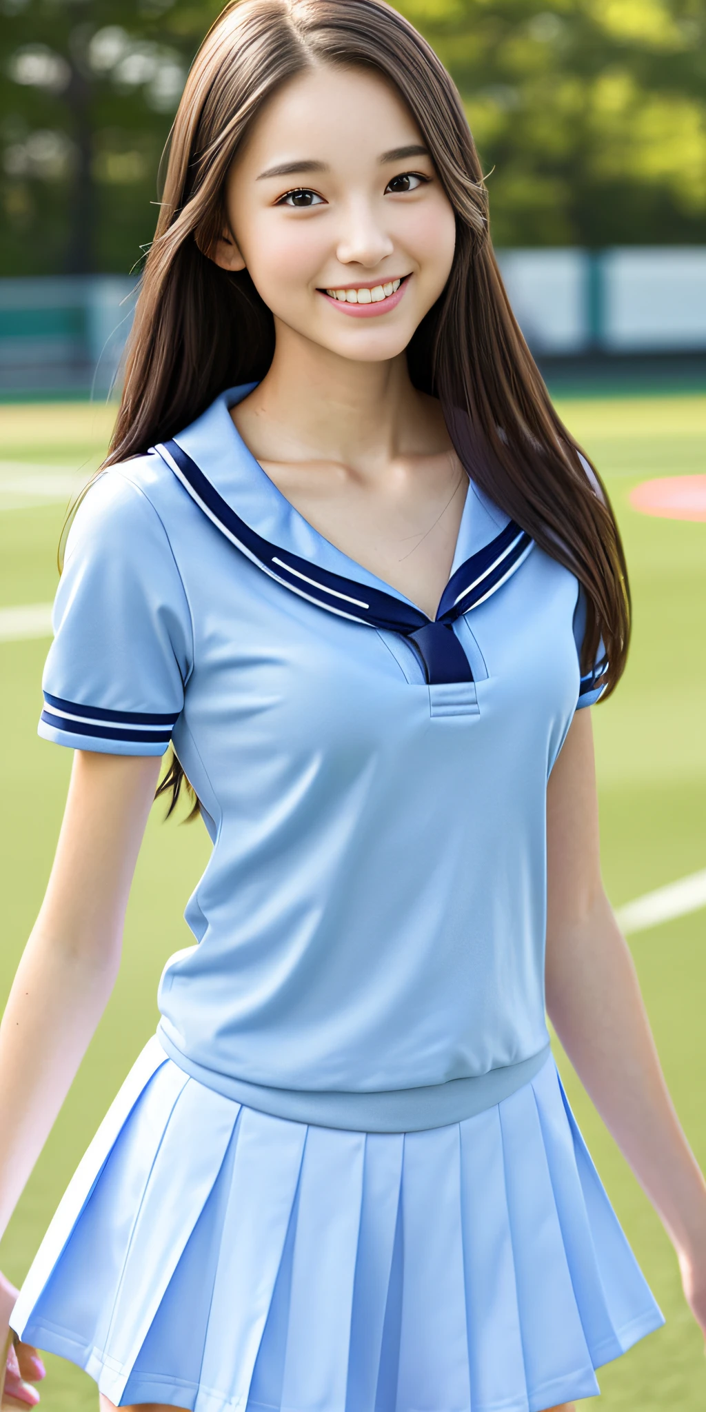 neat college girl, petite, (school uniform, summer clothes, short sleeves), outside the athletic field, (slim), photorealistic, detail, skin texture, ultra detail, delicate sexy collarbone, smile, super detailed face, detailed lips, detailed eyes, breast enhancement, waist thin