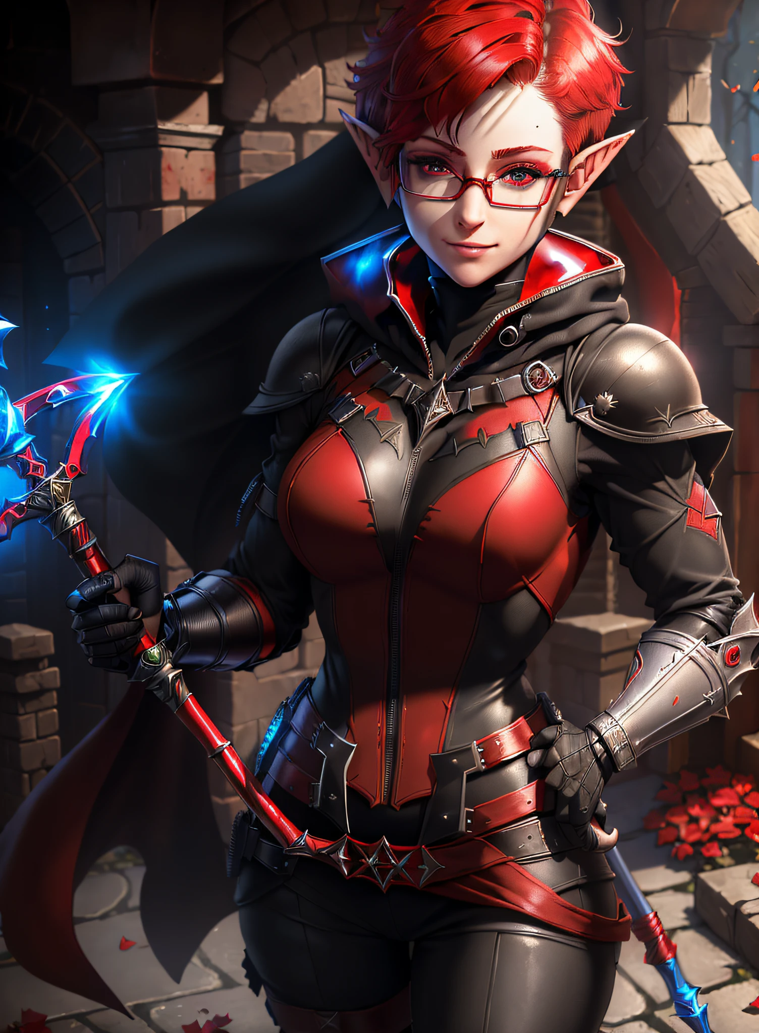 ((head shot))) (((masterpiece))), 8k ultra-detailed CG unit wallpaper (1girl:1.3) ((androgynous female)) ((pixie cut red short hair)), ((blue eyes )), (((black glasses)) ((elf ears)) ((((red hood))) (soft smile, SORCERESS, BLACK ARMOR, MAGIC, BLACK ARMOR, SHORT STAFF