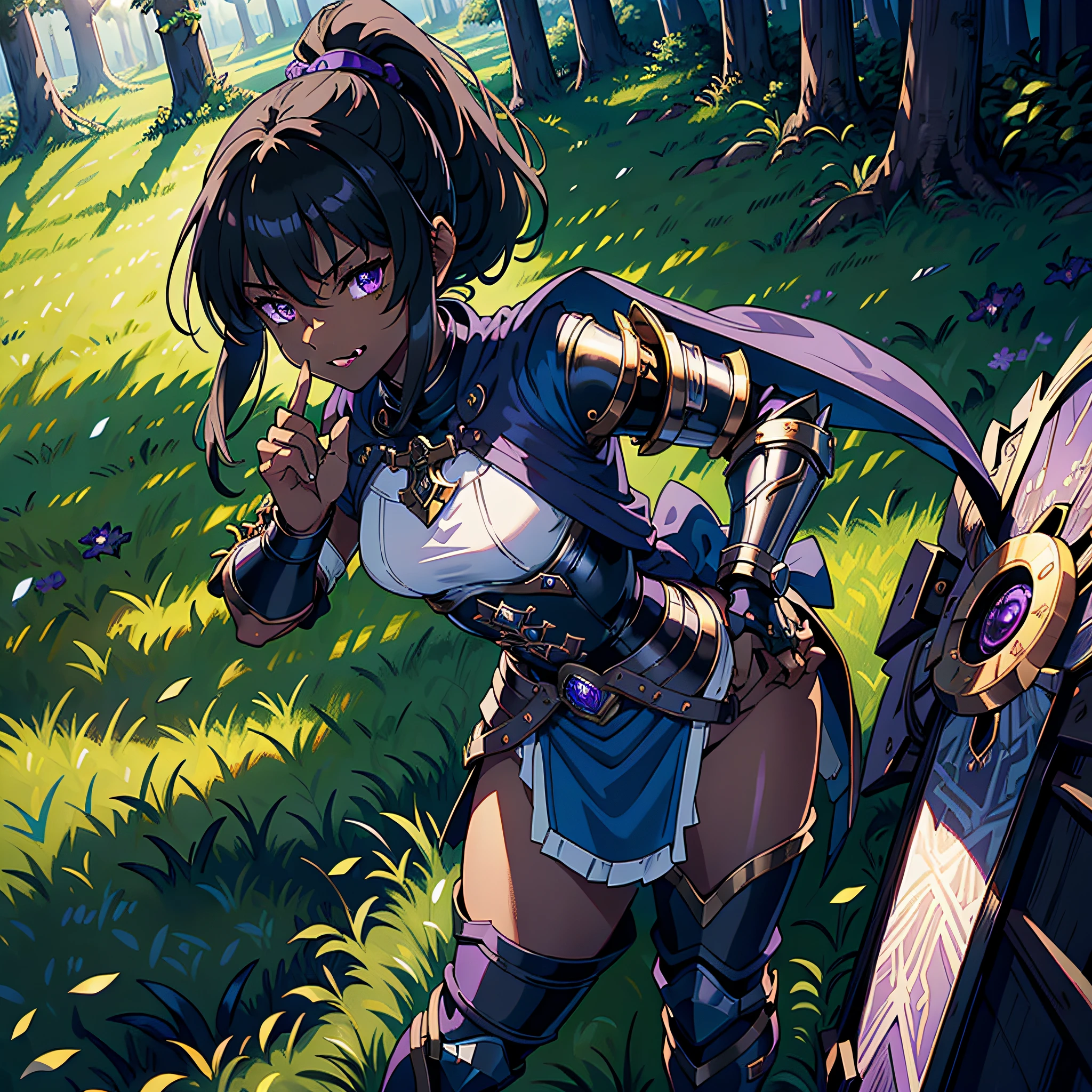 Masterpiece, Ultra detailed, great composition, fantasy, high quality, intricate details, {{{intricate hair details}}}, beautiful detailed eyes, {Anime Style}, ray tracing, perfect anatomy, {{chromatic aberration}}, absurdres, (Ragnarok Online), {{gothic aesthetic}}, ethereal aura, holy light, outdoors, (forest), dappled sunlight, light rays, detailed hair, ornate armor, [fine skin details], textile shading, dynamic light, dynamic angle, {{Extremely detailed eyes}}, (happy), (grin), (justice-minded), (heroic), (hands on hips), ((((solo)))), medium_hair, ((black hair)), ((high ponytail)), ((((dark-skinned female)))), ((((dark skin)))), detailed boobplate, pauldrons, gauntlets, blue cape, blue shirt, brown skirt, cross, blue pants, armored boots, (((purple eyes))), ((((())))), toned, teen