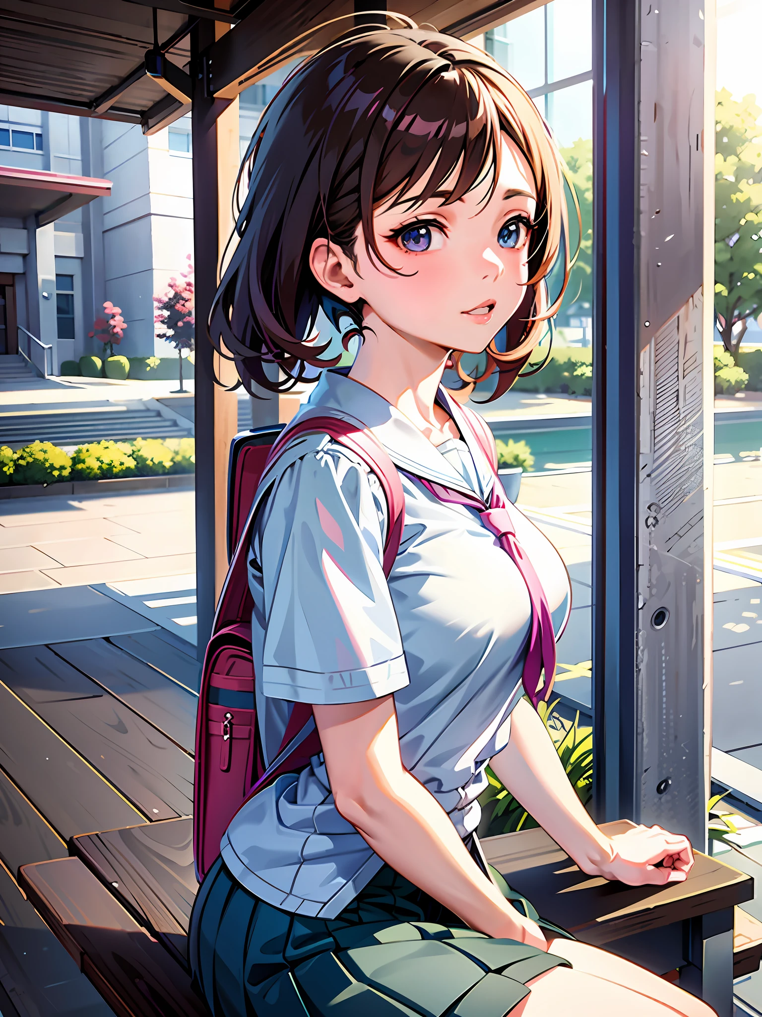 anime girl sitting on a bench with a backpack and a backpack, smooth anime cg art, attractive anime girl, beautiful anime high school girl, realistic schoolgirl, seductive anime girl, realistic young anime girl, beautiful anime girl, a hyperrealistic schoolgirl, casual pose, hyperrealistic schoolgirl, realistic anime 3 d style, anime visual of a cute girl, pretty anime girl