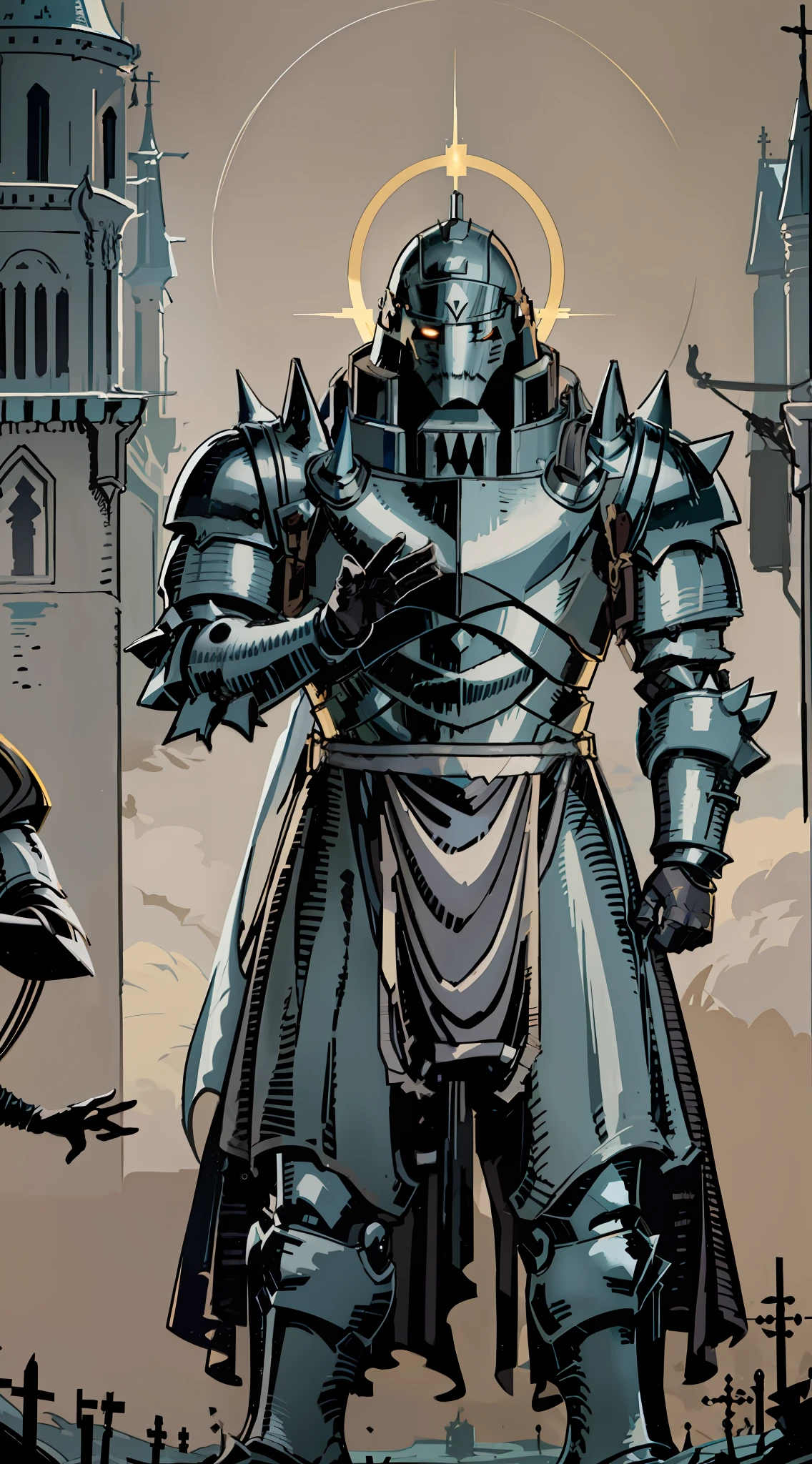 tarot card, knight, alphonse_elric, glowing eyes, armor, spikes, helmet, standing, portrait, arcane, human armor suit, golden paladin, golden Victorian details,