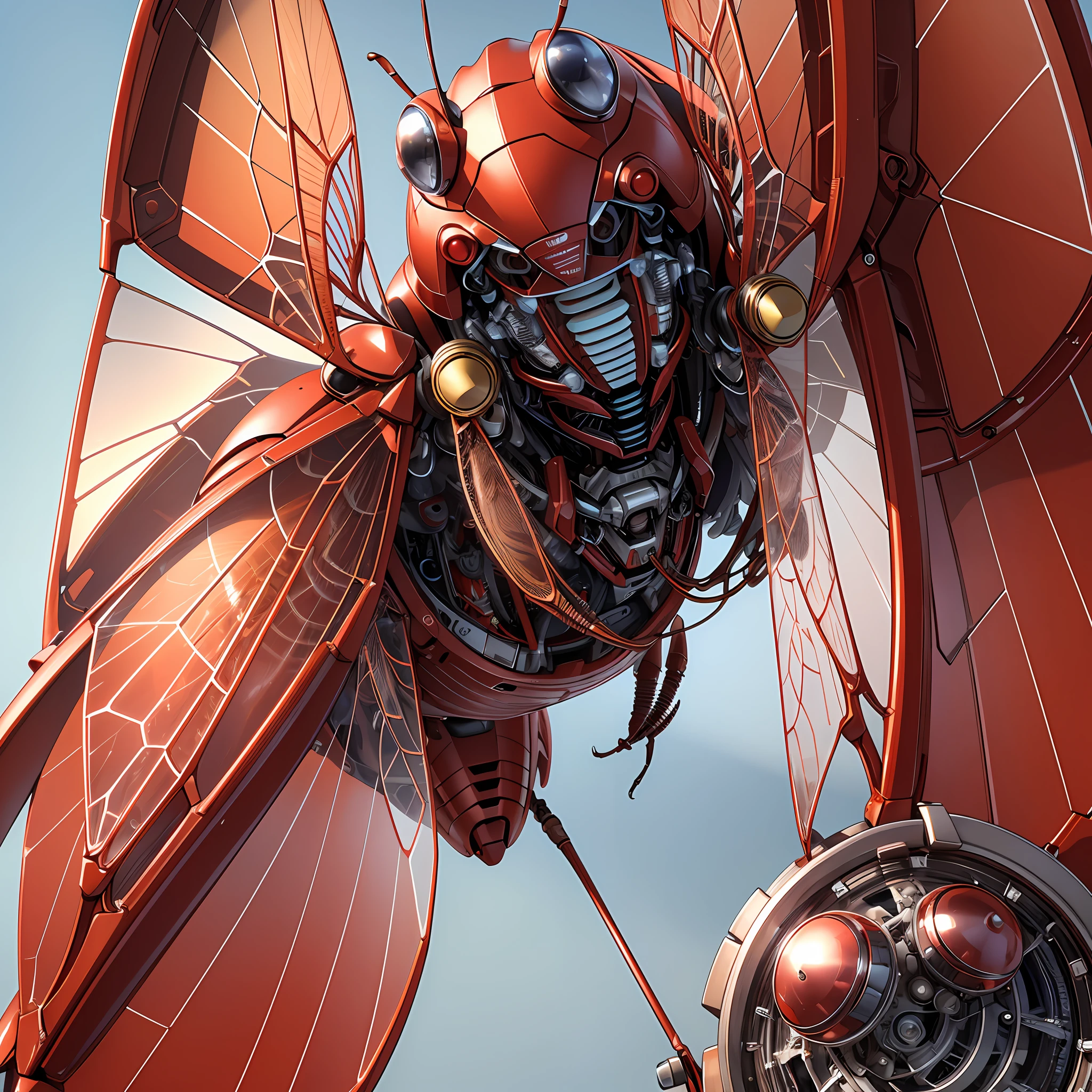 (Presented in ultra-high-definition hyper-realistic CG) A close-up red mechanical cicada, clear details, transparent wings, pure white background, cicadas in flight, strong sense of technology, science fiction style, three views