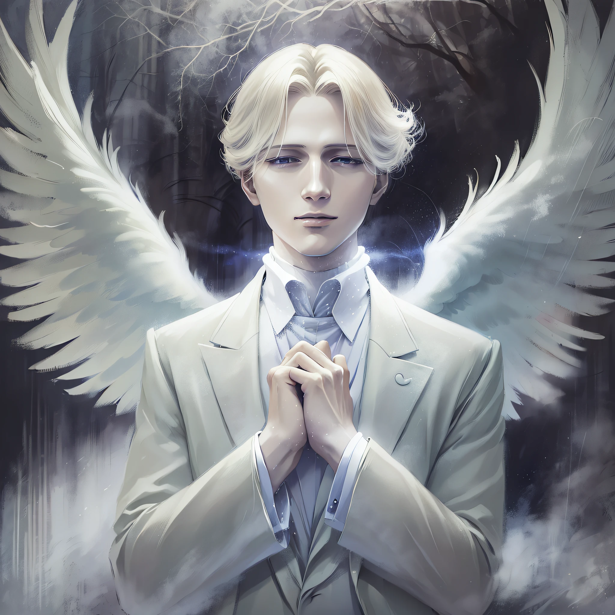 (4K), (best quality), (Best details), Johan Liebert, angel, angelic, heaven, white wings, white clothes, looking at viewer, savior of the world, praying for the lost souls, elegance, beautiful, aesthetic.