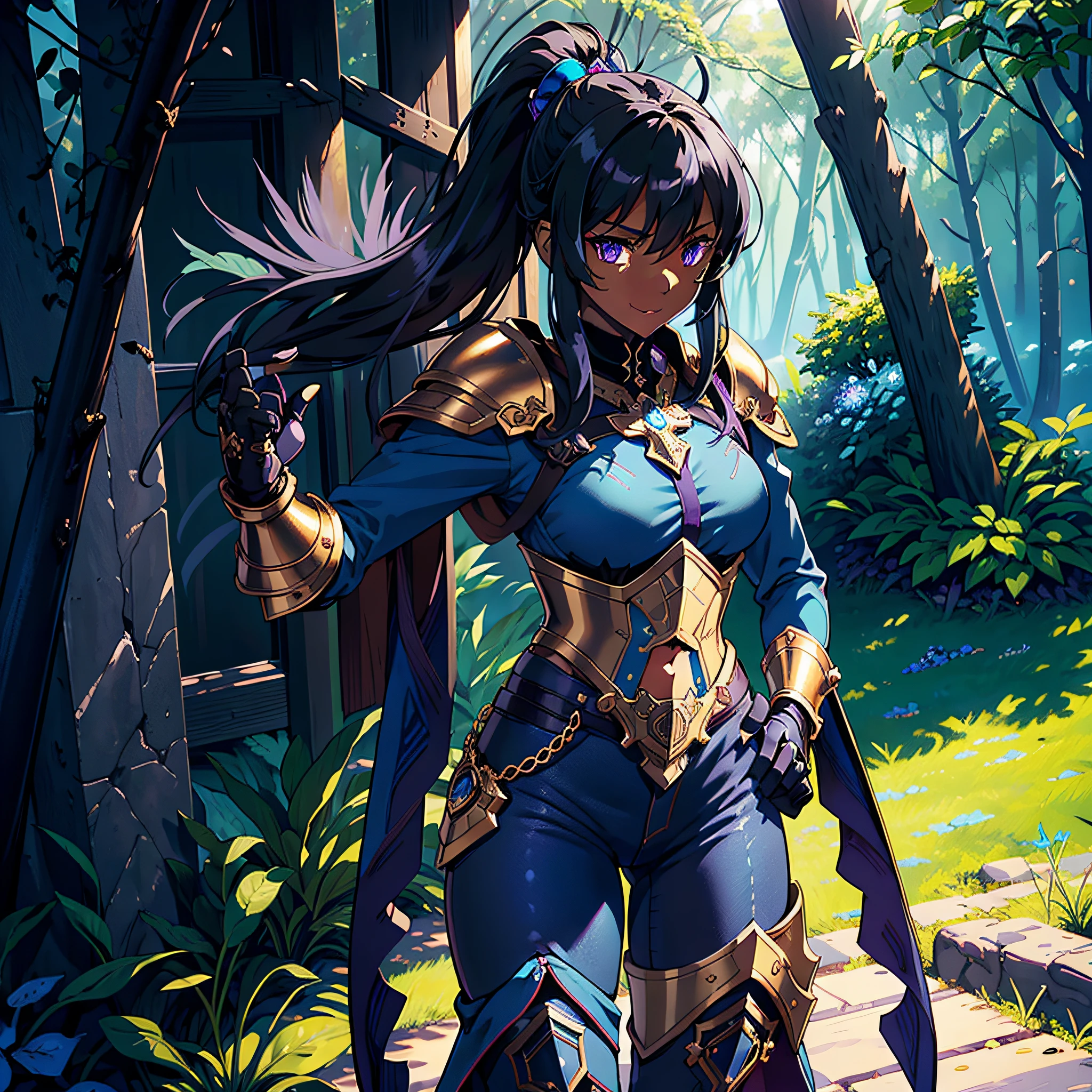 Masterpiece, Ultra detailed, great composition, fantasy, high quality, intricate details, {{{intricate hair details}}}, beautiful detailed eyes, {Anime Style}, ray tracing, perfect anatomy, {{chromatic aberration}}, absurdres, (Ragnarok Online), {{nature architecture}}, ethereal aura, holy light, outdoors, (forest), dappled sunlight, light rays, detailed hair, ornate armor, [fine skin details], textile shading, dynamic light, dynamic angle, {{Extremely detailed eyes}}, (happy), (grin), (justice-minded), (heroic), (hands on hips), ((((solo)))), medium_hair, ((black hair)), ((high ponytail)), ((((dark-skinned female)))), ((((dark skin)))), detailed ((boobplate)), ((pauldrons)), (gauntlets), (blue cape), (blue shirt), ((brown overskirt)), (cross), (((((blue pants))))), ((armored boots)), (((purple eyes))), ((((())))), toned, teen