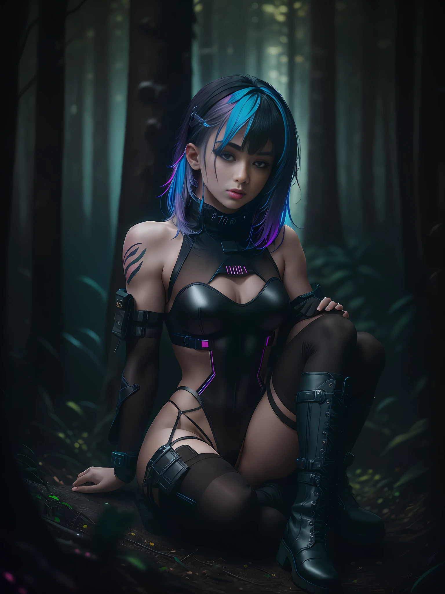 Delicate strong European girl with colored hair, sitting spread legs, wearing small tiny black silk thong, thigh high black socks, military neon boots, muscular, cyberpunk style, in a dark futuristic forest background