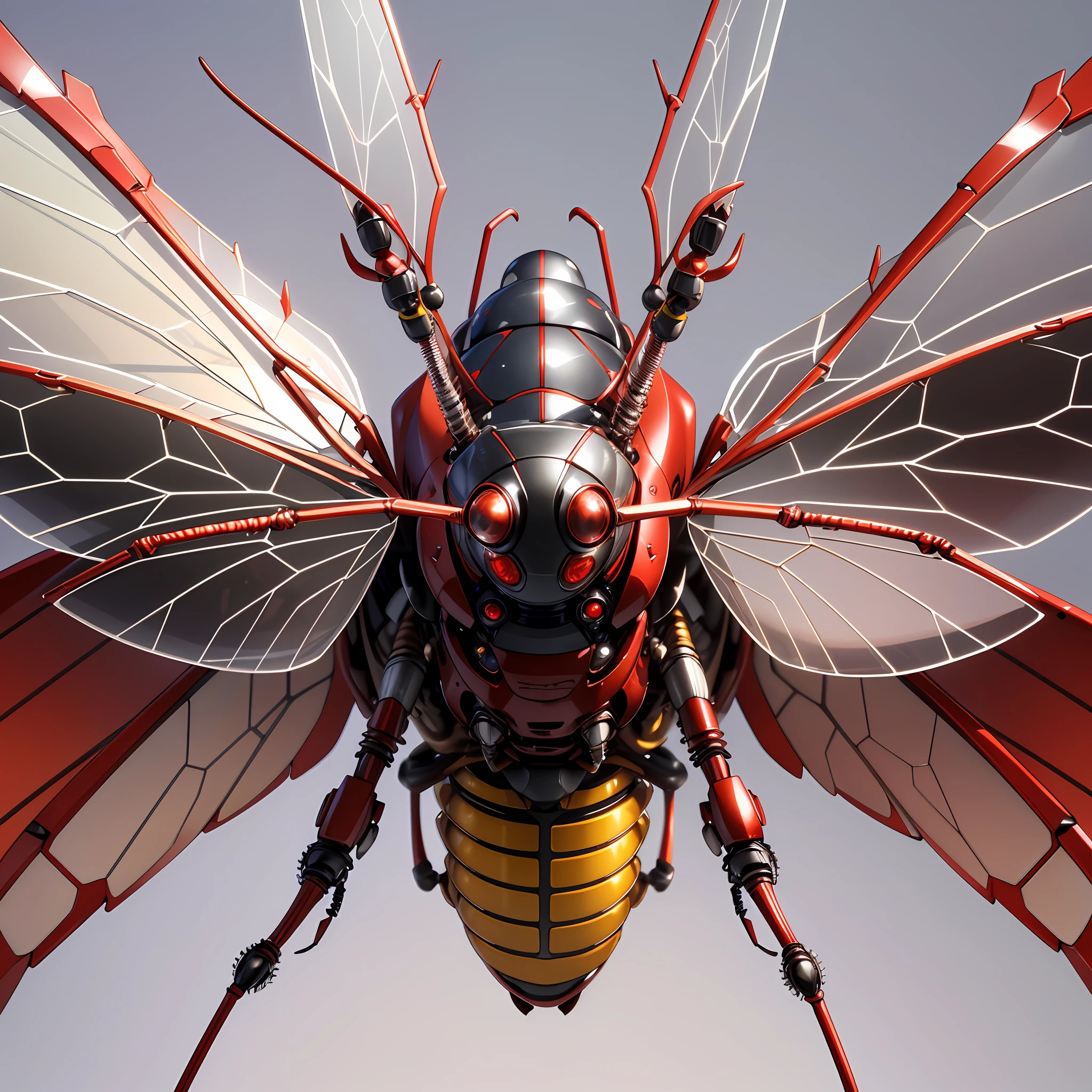 (Presented in extremely high-definition hyper-realistic CG) A close-up red mechanical cicada, clear details, transparent wings, pure white background, cicada in flight, strong sense of technology, sci-fi style, steely body