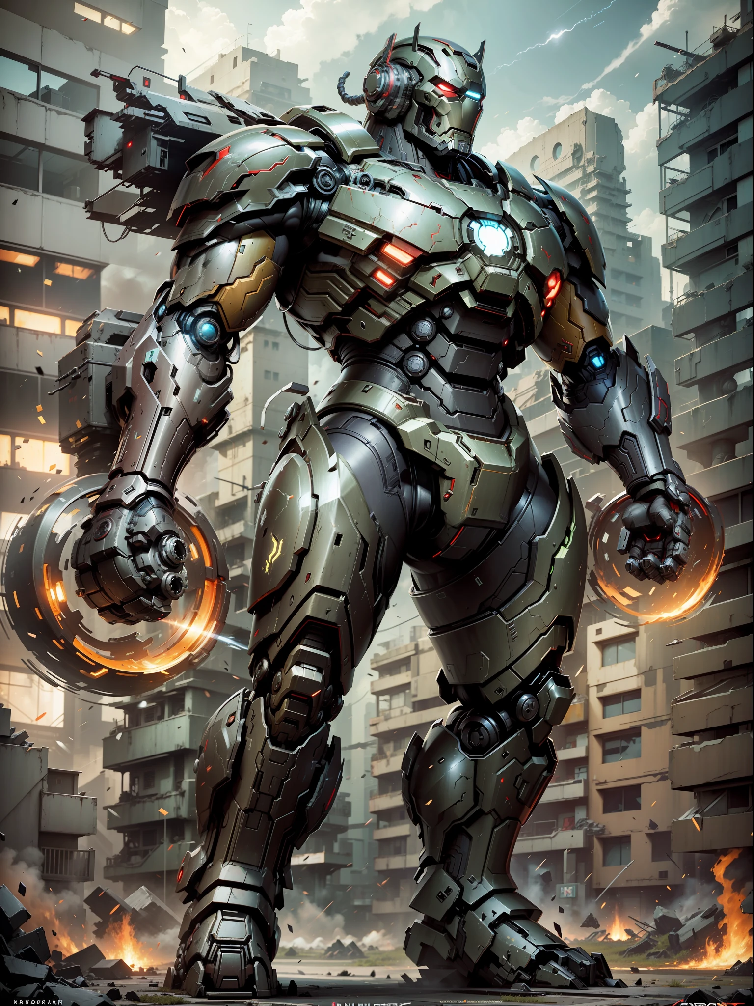 A Dark city, The Hulk, Anti Hock Armor,Iron Man's mecha design, red and blue armor, get bright, half body photo, 4K image quality, Unreal Engine, Octane Render, Quixel Megascans Render, V-Ray