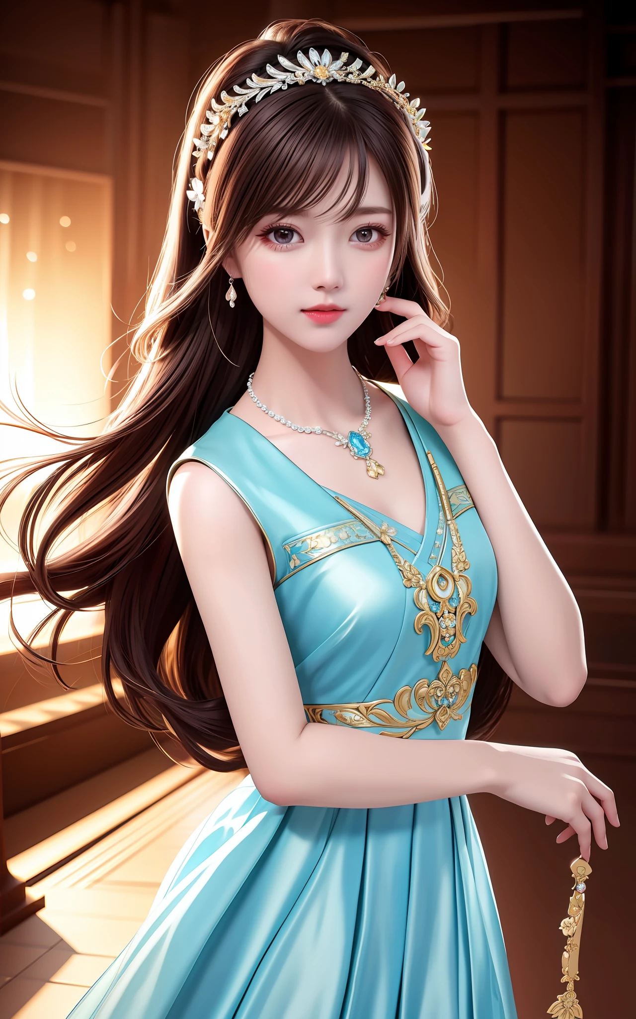 Best quality, masterpiece, high resolution, 1girl, porcelain dress, hair accessories, necklace, jewelry, beautiful face, on the body, Tyndall effect, realistic, dark studio, edge lighting, two-tone lighting, (high detail skin: 1.2), 8k UHD, dslr, soft light, high quality, volumetric light, candid, photo, high resolution, 4k, 8k, background blur,