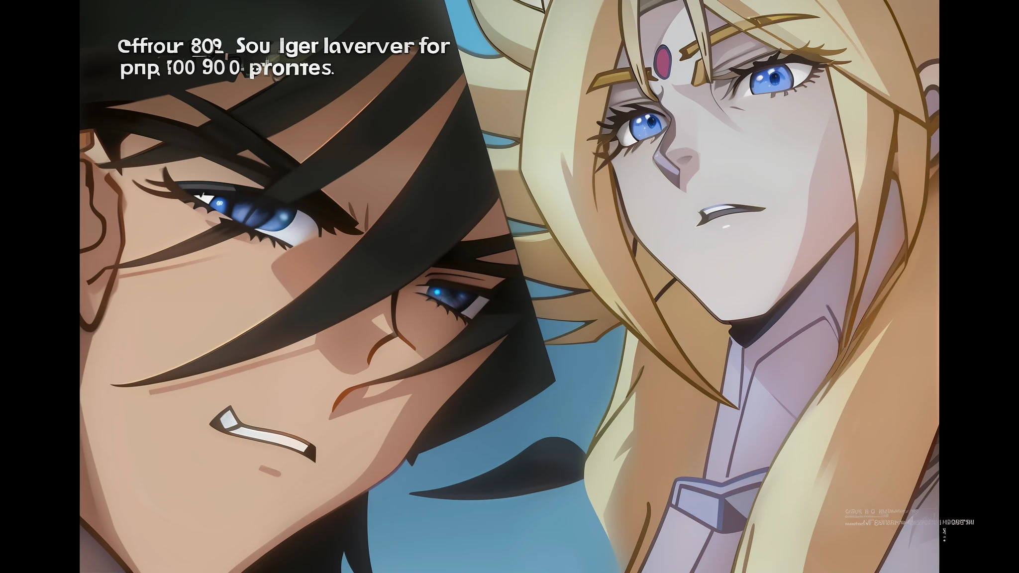 Anime characters are looking at each other in a scene, capture, 80s anime style OVA, Saint Seiya, Jotaro vs Dio, Gainax, Knights of Zodiac Girl, manga and anime 1990 High Detail, manga 1990, manga 1 9 9 0, Yami Kawaii, anime 90-s, vampire hunter D, trailer, colors vias, cloudy sky, blue eyes,