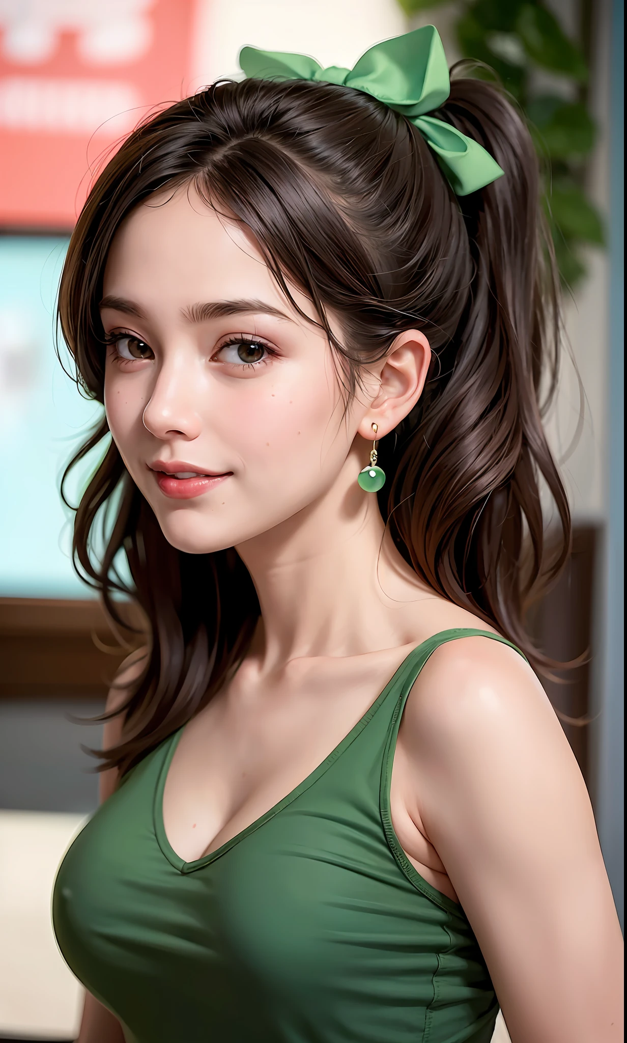 (8k, RAW photos,best quality, high resolution:1.1), (hyperrealistic:1.4),(realistic, photorealistic:1.3), soft light,big breasts,girl,realistic face,realistic body,realistic skin,absurdity,masterpiece,(cute:1.8), cuties, solo, (big breasts:1.2), detailed black eyes,innocent eyes,blusher,(t-shirt:1.2), cinema light,film grain,jewelry,earrings,((Medium hair:1.1)),((Floating Hair Novafrog Style)),cherry colored lips,hair ribbon,hair bow,ponytail,closeup,look viewer,long hair,upper body,open lips,upper teeth, (smiling eyes:0.6),((grinning:1.2)),depth of field, blurred background, eye focus, Bokeh,Young, 85mm Lens, f/1.4,Professional Lighting, Young,Portrait,Photon Mapping,Radiosity,Physically Based Rendering,No Bra