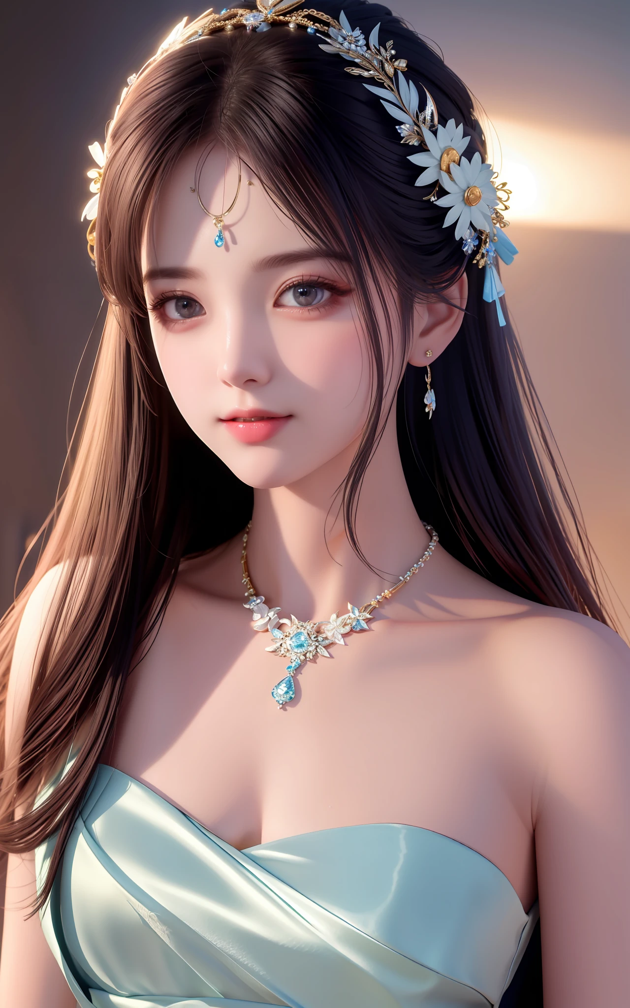 Best quality, masterpiece, high resolution, 1girl, porcelain dress, hair accessories, necklace, jewelry, beautiful face, on the body, Tyndall effect, realistic, dark studio, edge lighting, two-tone lighting, (high detail skin: 1.2), 8k UHD, dslr, soft light, high quality, volumetric light, candid, photo, high resolution, 4k, 8k, background blur,