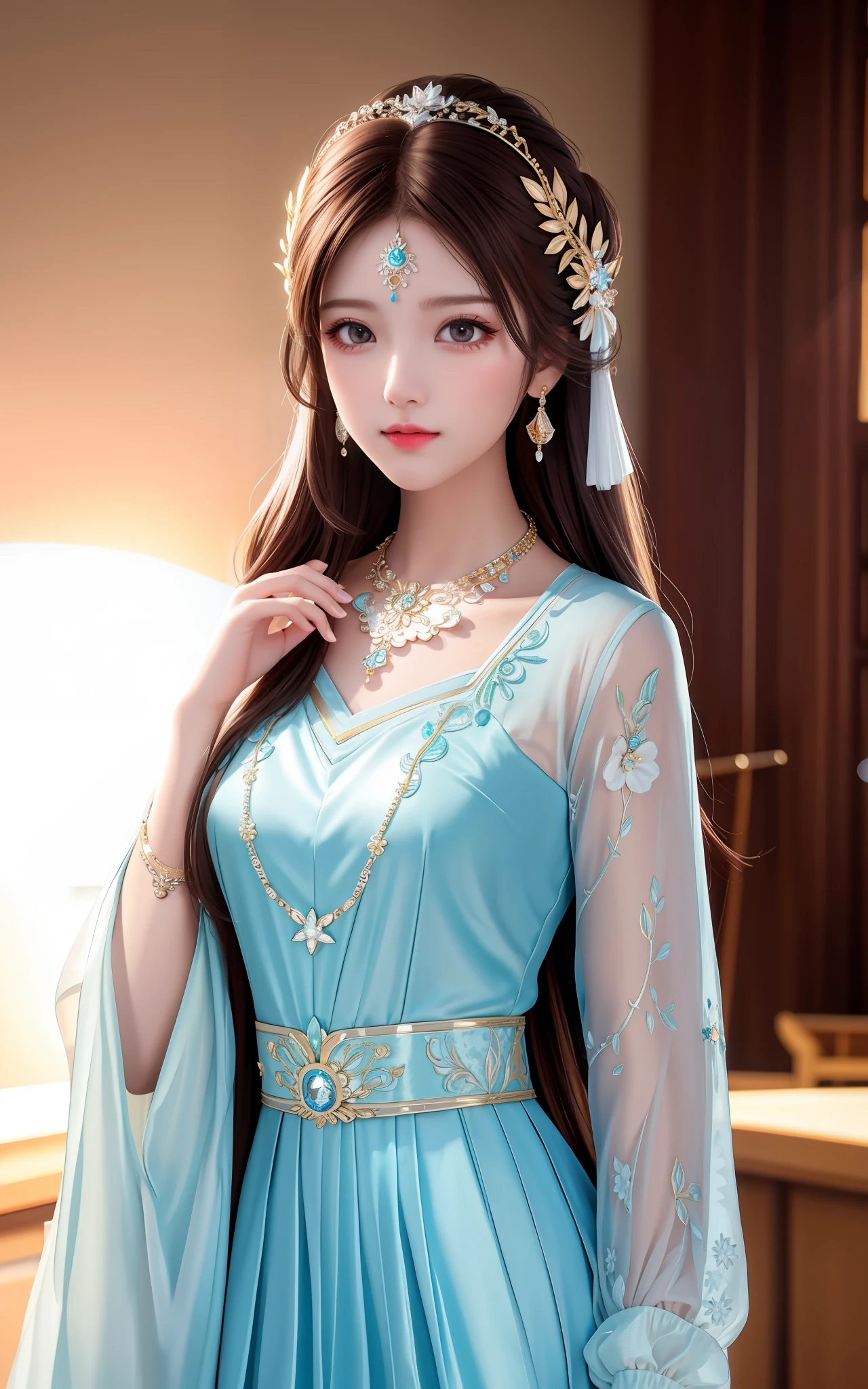 Best Quality, Masterpiece, High Resolution, 1girl, Porcelain Dress, Hair Accessories, Necklace, Jewelry, Pretty Face, On Body, Tyndall Effect, Realistic, Shadow Studio, Rim Lighting, Dual Tone Lighting, (High Detail Skins: 1.2), 8k UHD, dslr, soft light, high quality, volume light, sneak shot, photo, high resolution, 4k, 8k, background blur,