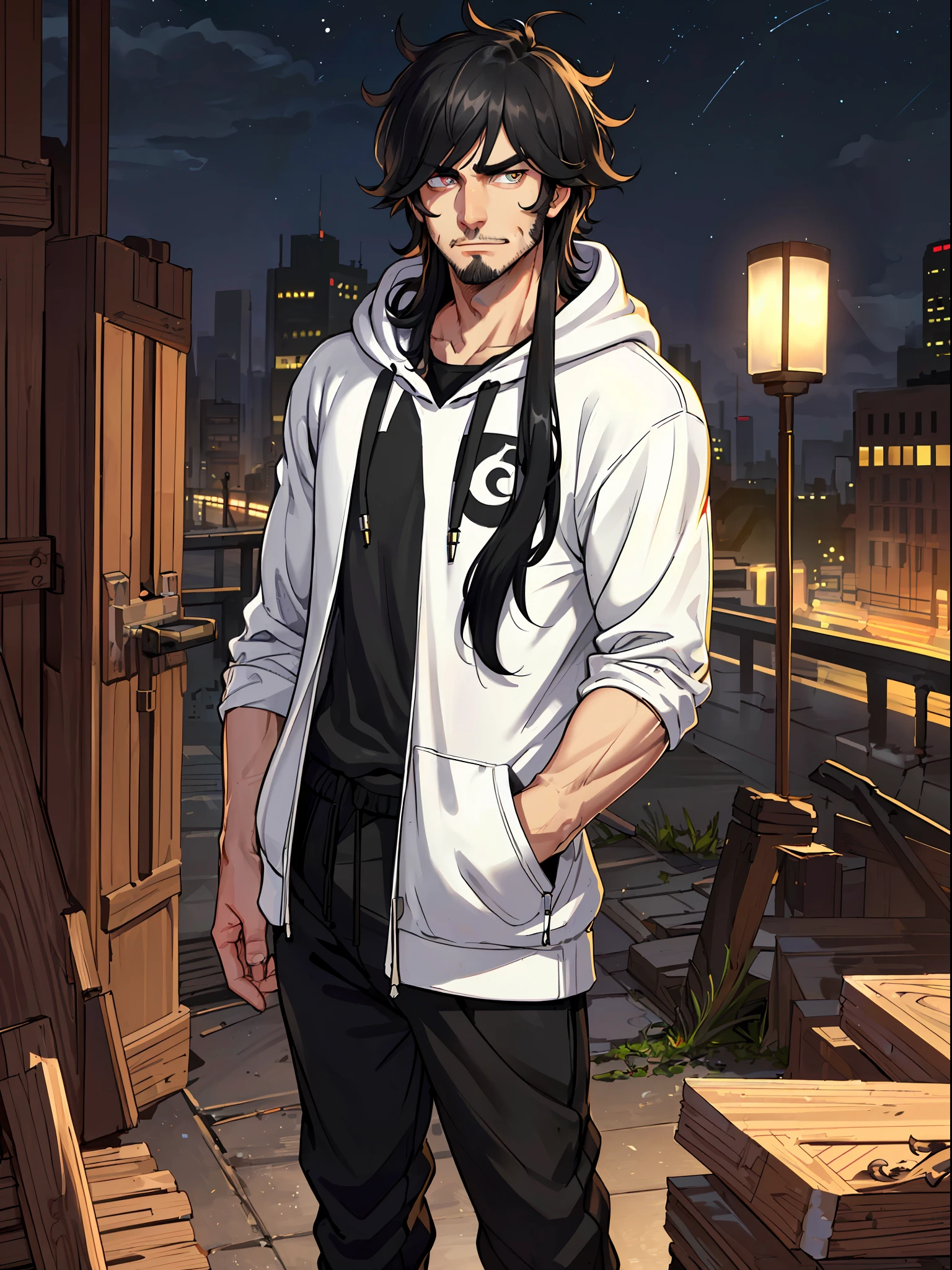 ((highest quality, masterpiece, 4k, finely detailed, detailed eyes, detailed face, gelbooru, pixiv, warm lighting)), ((solo)), 1 male, handsome, masculine, adult male, older guy, broad shoulders, closeup of face, ((black chin hair)), grinning with fangs, looking at viewer ((lazy eyes, half-lidded, tired eyes, eyebags under eyes, black eyes with white pupils)), ( hoodie, sweatpants), ((black hair, long hair, shaggy hairstyle, messy hair)), standing, hands in pockets, city background, night time