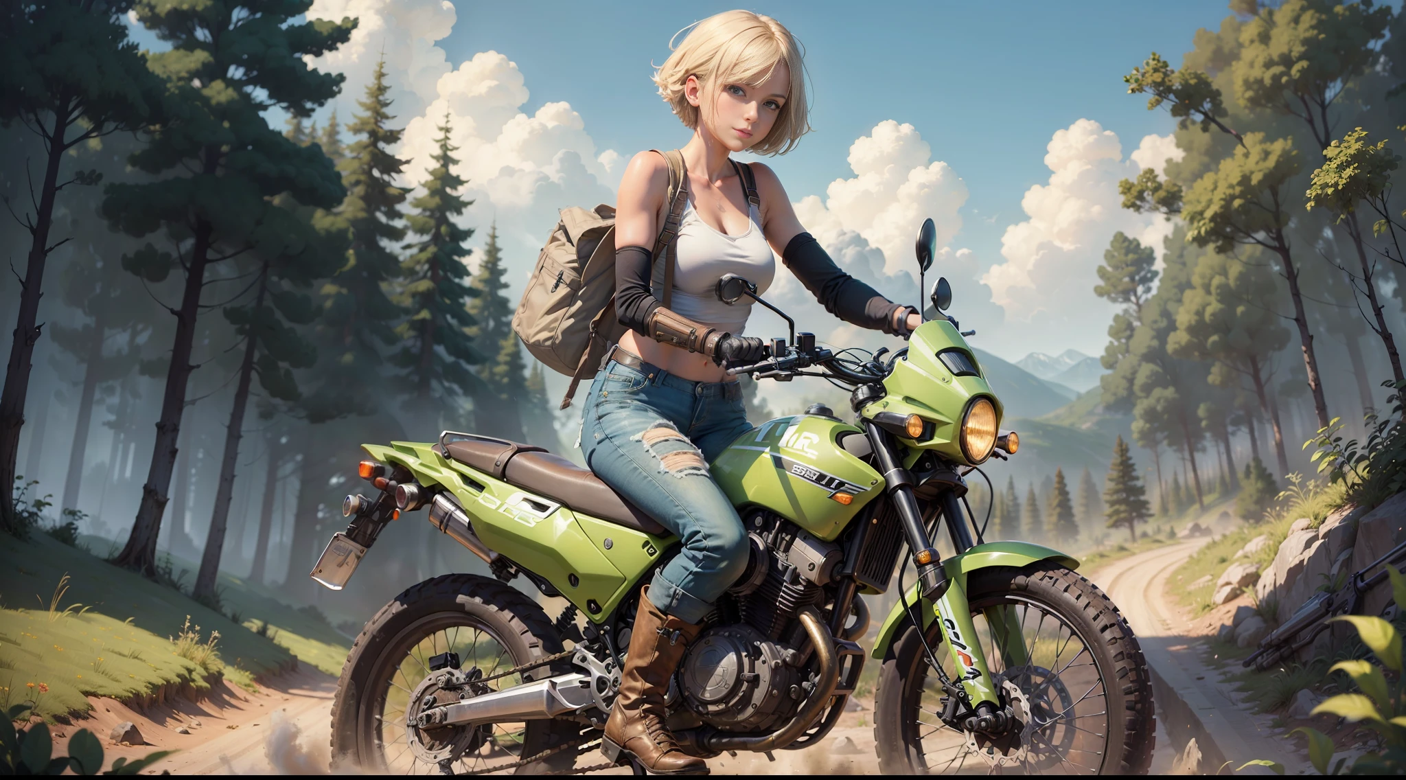 ((((masterpiece)))), high quality, very_high_resolution, large_filesize, full color, steam punk featuring a futuristic planet,
in a distant forest, bustling alien markets, and an off-road bike. The protagonist is a stunning upper body girl 1 person blonde short bob silver smile, mechanized arms. wearing a white tank top, distressed denim shorts, engineer boots, and riding the off-road bike. beauty,