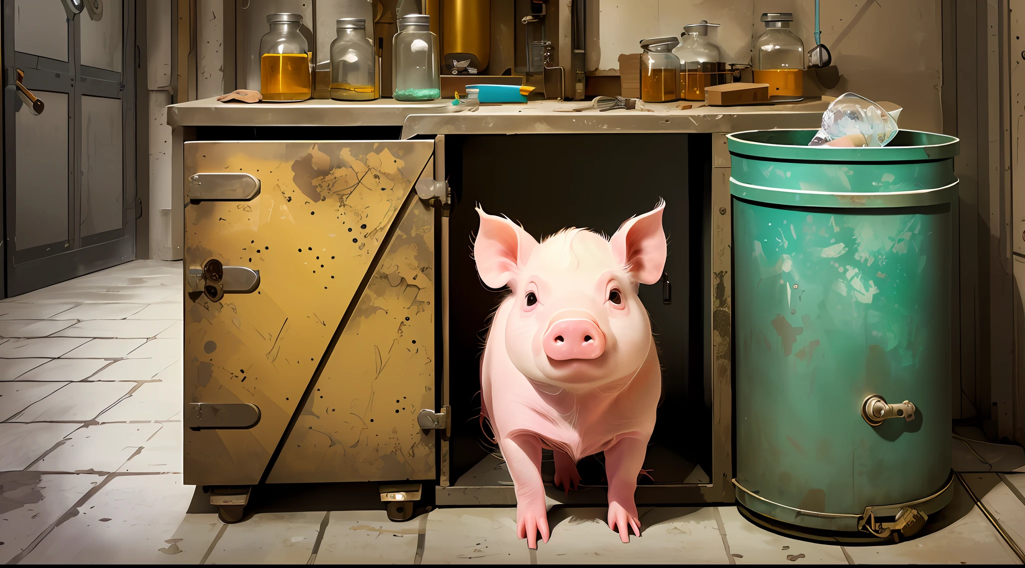 There is a piglet standing in the cabinet, a piglet, a robot pig, a piglet, "piglet, piglet, piglet, in the underground lab, piglet, portrait of a mad scientist of rats, a hybrid of pig and a New York policeman, pork pig, miniature pig, in a dimly lit lab room, anthropomorphic warrior piglet, dirty lab