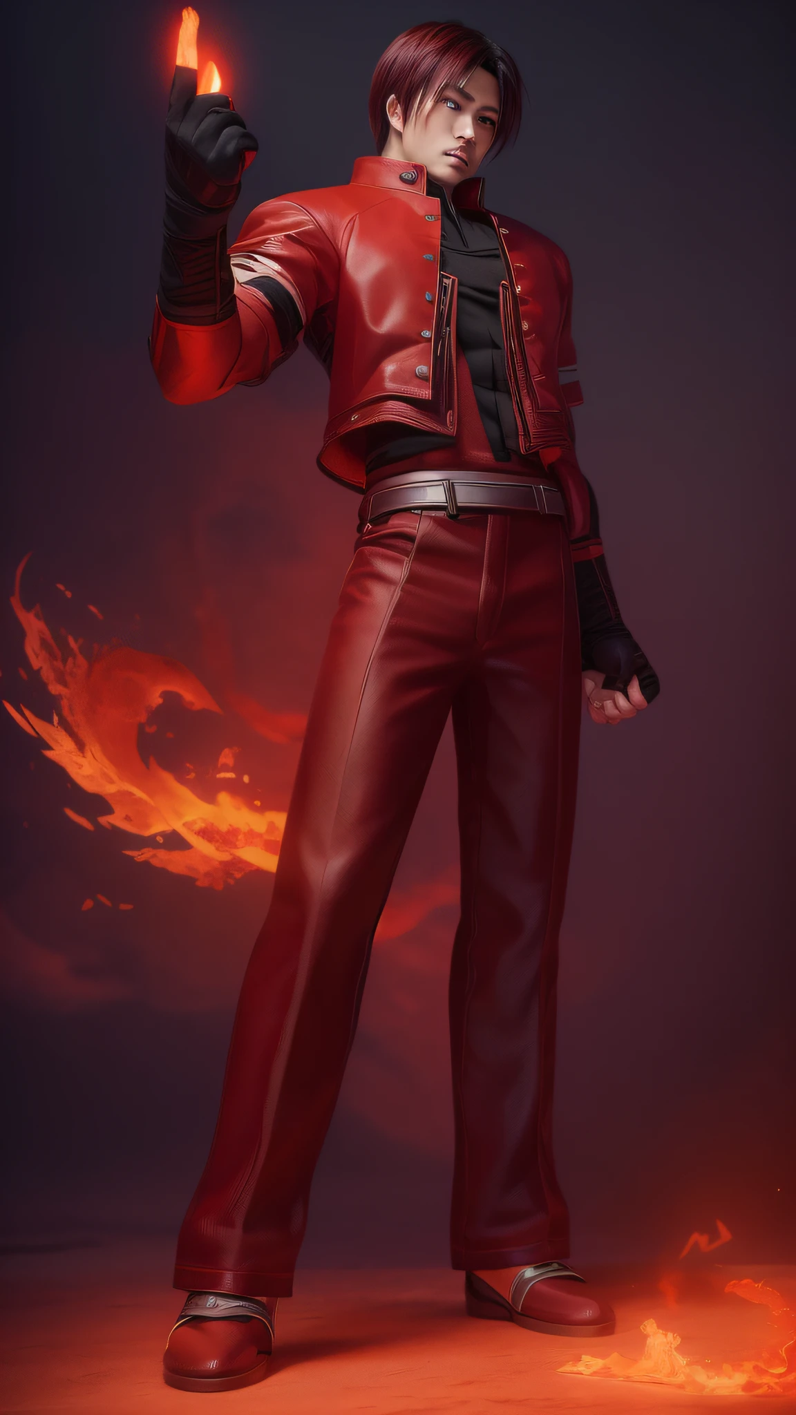 ((best quality))((masterpiece))Exquisite illustration of Kyo Kusanagi, the legendary fighter and descendant of the Kusanagi Clan. Dynamic pose and skilled stance, (1boy), crimson hair, sharp eyes, (flames from hands+spirit flames around:1.3), fighting spirit, legendary aura, intense battle energy, contrasting dark and light imagery, with the powerful forces of ice and fire colliding in the background.