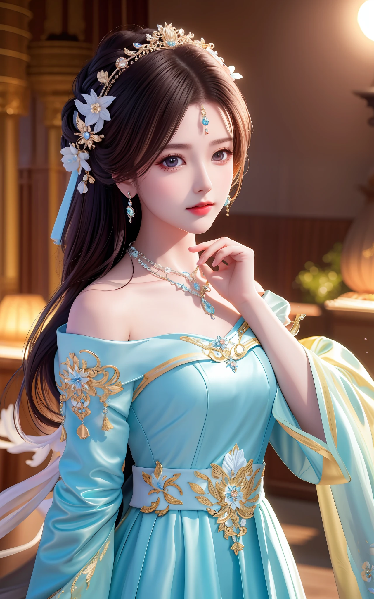 Best Quality, Masterpiece, High Resolution, 1girl, Porcelain Dress, Hair Accessories, Necklace, Jewelry, Pretty Face, On Body, Tyndall Effect, Realistic, Shadow Studio, Rim Lighting, Dual Tone Lighting, (High Detail Skins: 1.2), 8k UHD, dslr, soft light, high quality, volume light, sneak shot, photo, high resolution, 4k, 8k, background blur,