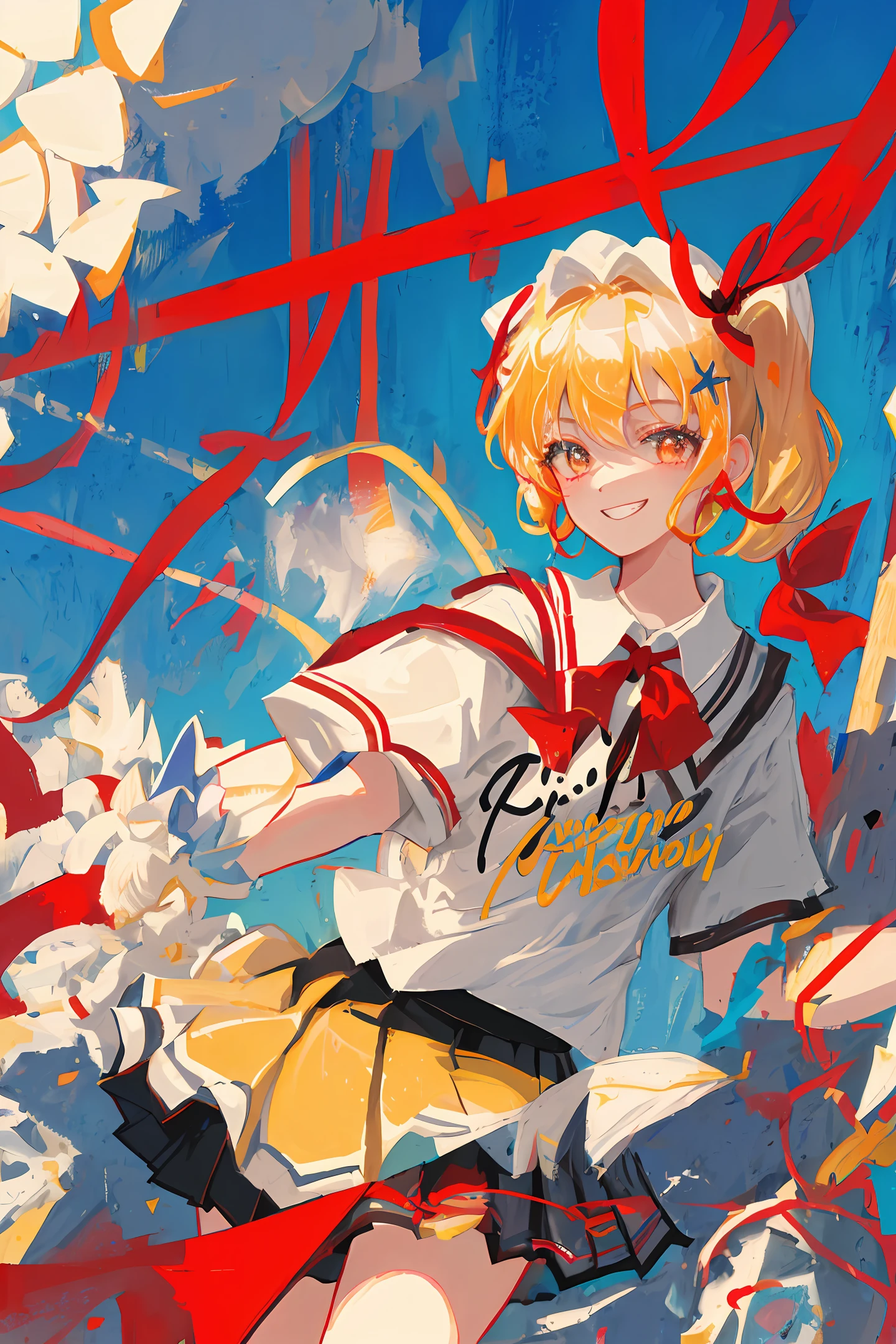 masterpiece, best quality:1.2), cowboy shot, solo, 1girl, aoki clair, grin, looking at viewer, jitome, bent over, white collared shirt, red neck ribbon, short sleeves, pleated skirt