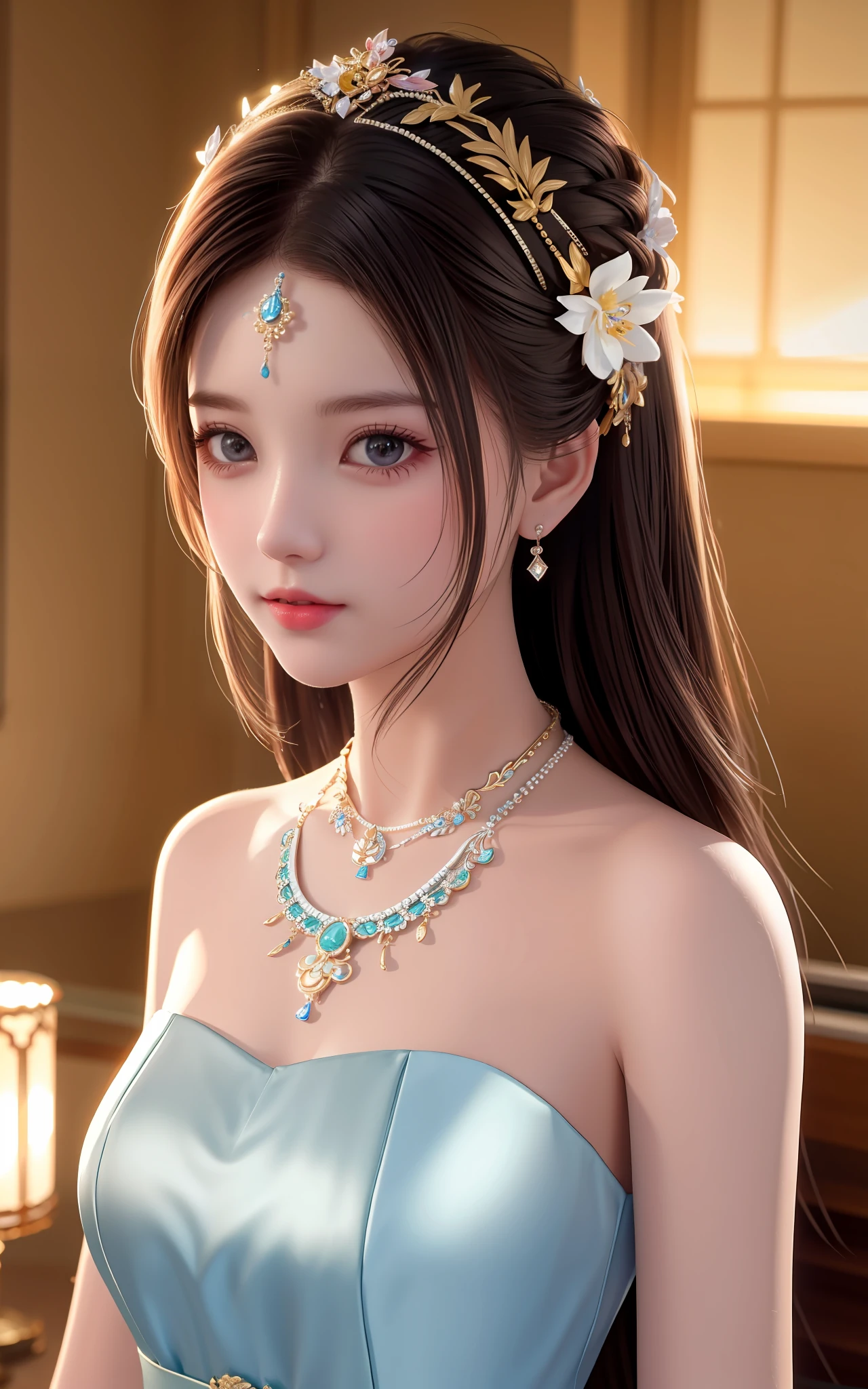 Best Quality, Masterpiece, High Resolution, 1girl, Porcelain Dress, Hair Accessories, Necklace, Jewelry, Pretty Face, On Body, Tyndall Effect, Realistic, Shadow Studio, Rim Lighting, Dual Tone Lighting, (High Detail Skins: 1.2), 8k UHD, dslr, soft light, high quality, volume light, sneak shot, photo, high resolution, 4k, 8k, background blur,