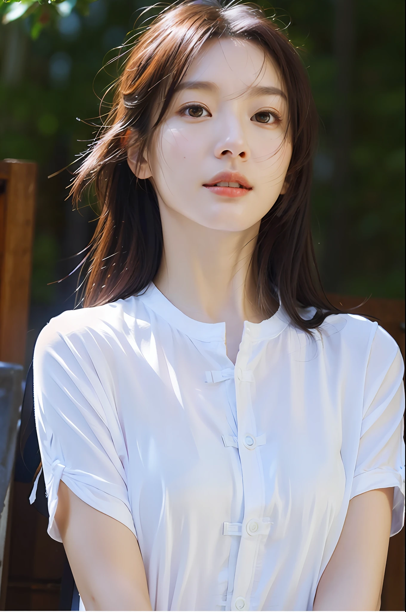 dressed, (photo realistic:1.4), (hyper realistic:1.4), (realistic:1.3),
(smoother lighting:1.05), (increase cinematic lighting quality:0.9), 32K,
1girl,20yo girl, realistic lighting, backlighting, light on face, ray trace, (brightening light:1.2), (Increase quality:1.4),
(best quality real texture skin), finely detailed eyes, finely detailed face,
(tired and sleepy and satisfied:0.0), face closeup, t-shirts,
(Increase body line mood:1.1), shiny skin