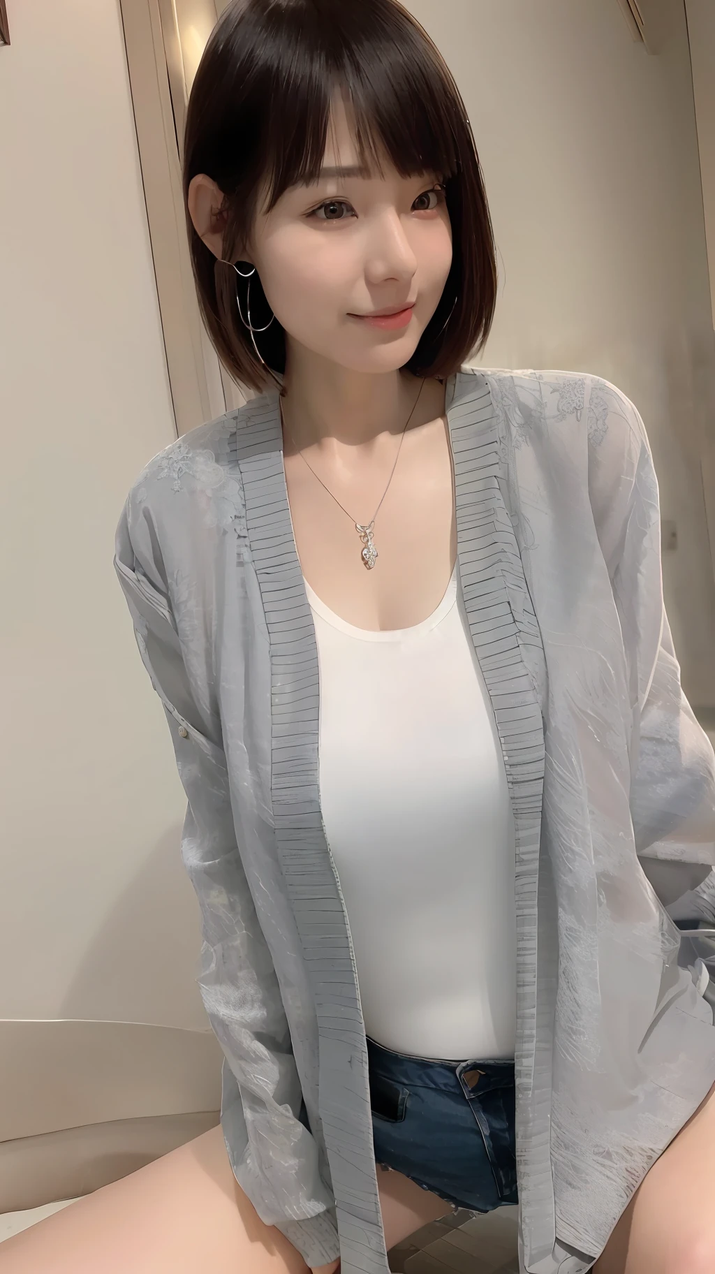 Smiling minchen, ridiculous, closed mouth, balanced eyes, (Best Quality Detail: 1.2), Realistic, 8K HD, Ultra Detailed, High Quality Texture, Complex Detail, Detailed Texture, Fine Detail, High Detail, Very Detailed CG, High Quality Shadows, Delicate Beautiful Delicate Face, (Delicate Beautiful Delicate Eyes: 1.32), Depth of Field, Ray Tracing, (A Beautiful 25-Year-Old Cute Japanese Lady: 1), Small ???????, Tall Feminine, Beautiful Legs, Glowing Eyes, Blush, Perfect Petite, Scrawny, Blurred Outdoor Background, Silver Tight Bra, Blue Taste Denim Jacket, Cardigan Coat: 1.1, [Brown skirt]: 1, stockings and suspenders: 1.2, short hair, comfortable living room, sunshine, kneeling on sofa, earrings, necklace, model, looking at the audience, dynamic pose, earrings, necklace, model, looking at the audience, from the side, dynamic pose, front