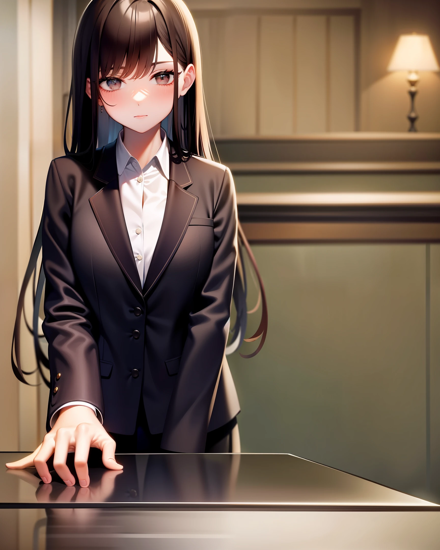 Create a hotel reception with a woman with long, straight brown hair wearing a black blazer, sitting at a front desk chatting with a black-haired man who is to the woman's left