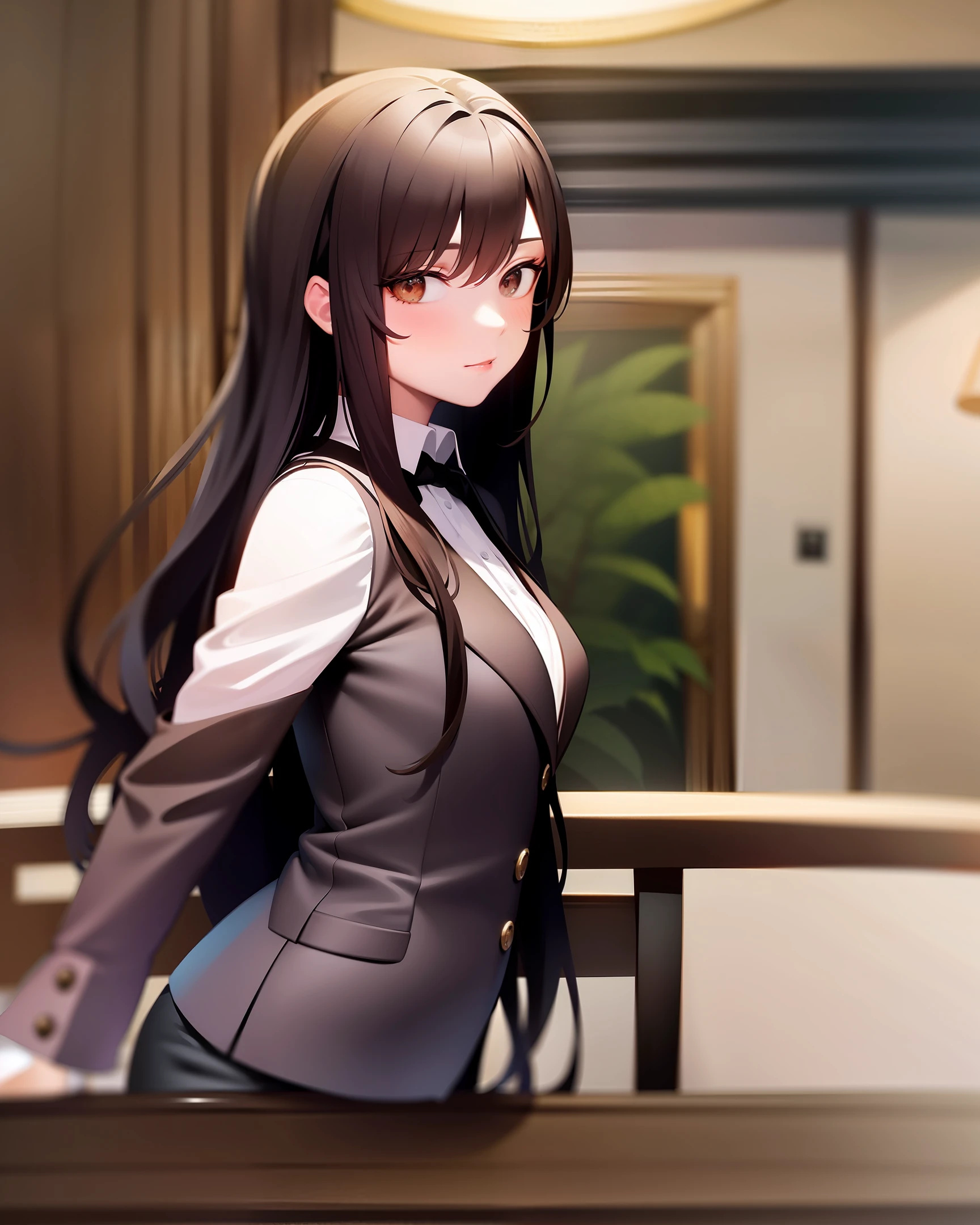 Create a hotel reception with a woman with long, straight brown hair wearing a black blazer, sitting at a front desk chatting with a black-haired man who is to the woman's left