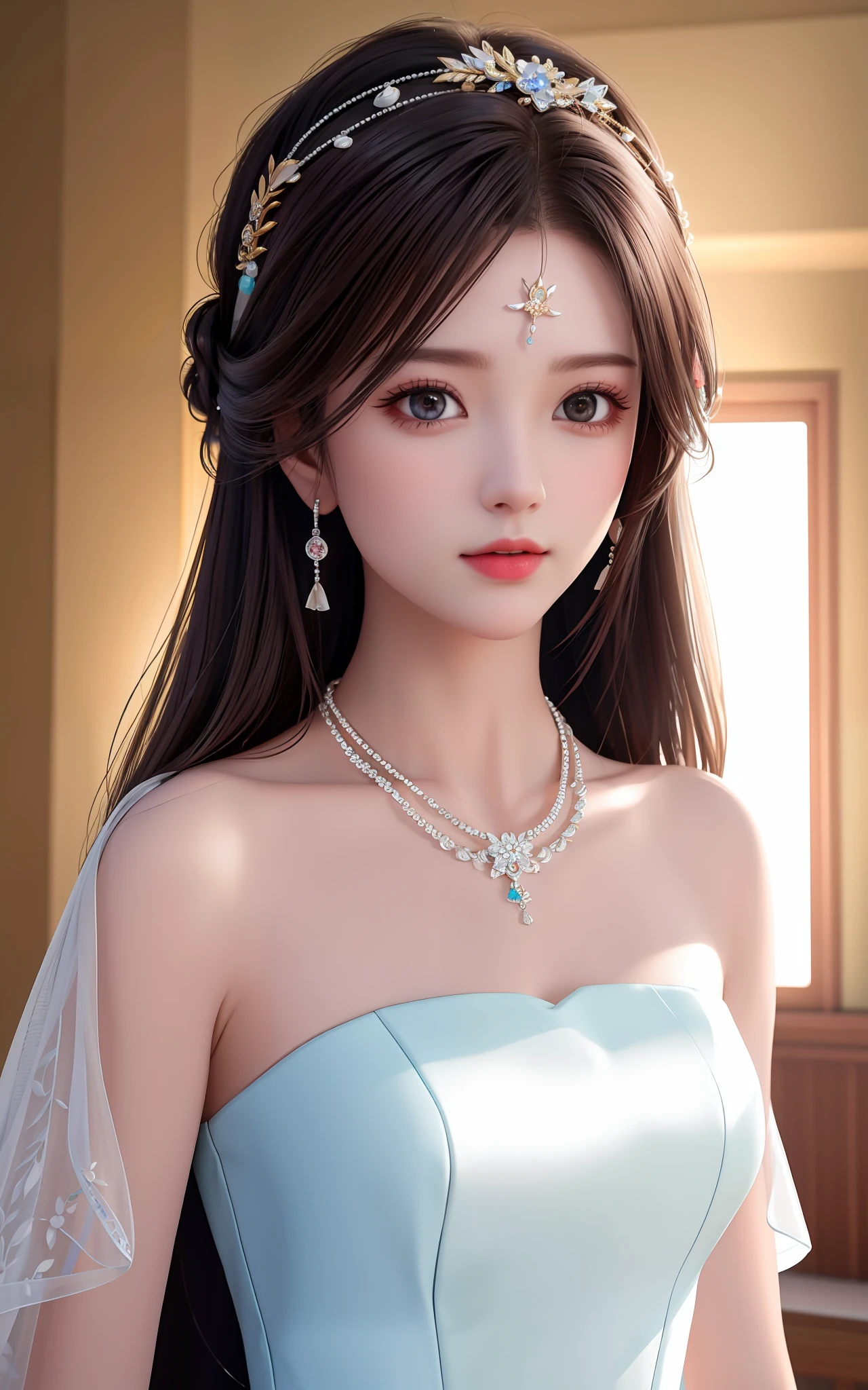 Best Quality, Masterpiece, High Resolution, 1girl, Porcelain Dress, Hair Accessories, Necklace, Jewelry, Pretty Face, On Body, Tyndall Effect, Realistic, Shadow Studio, Rim Lighting, Dual Tone Lighting, (High Detail Skins: 1.2), 8k UHD, dslr, soft light, high quality, volume light, sneak shot, photo, high resolution, 4k, 8k, background blur,