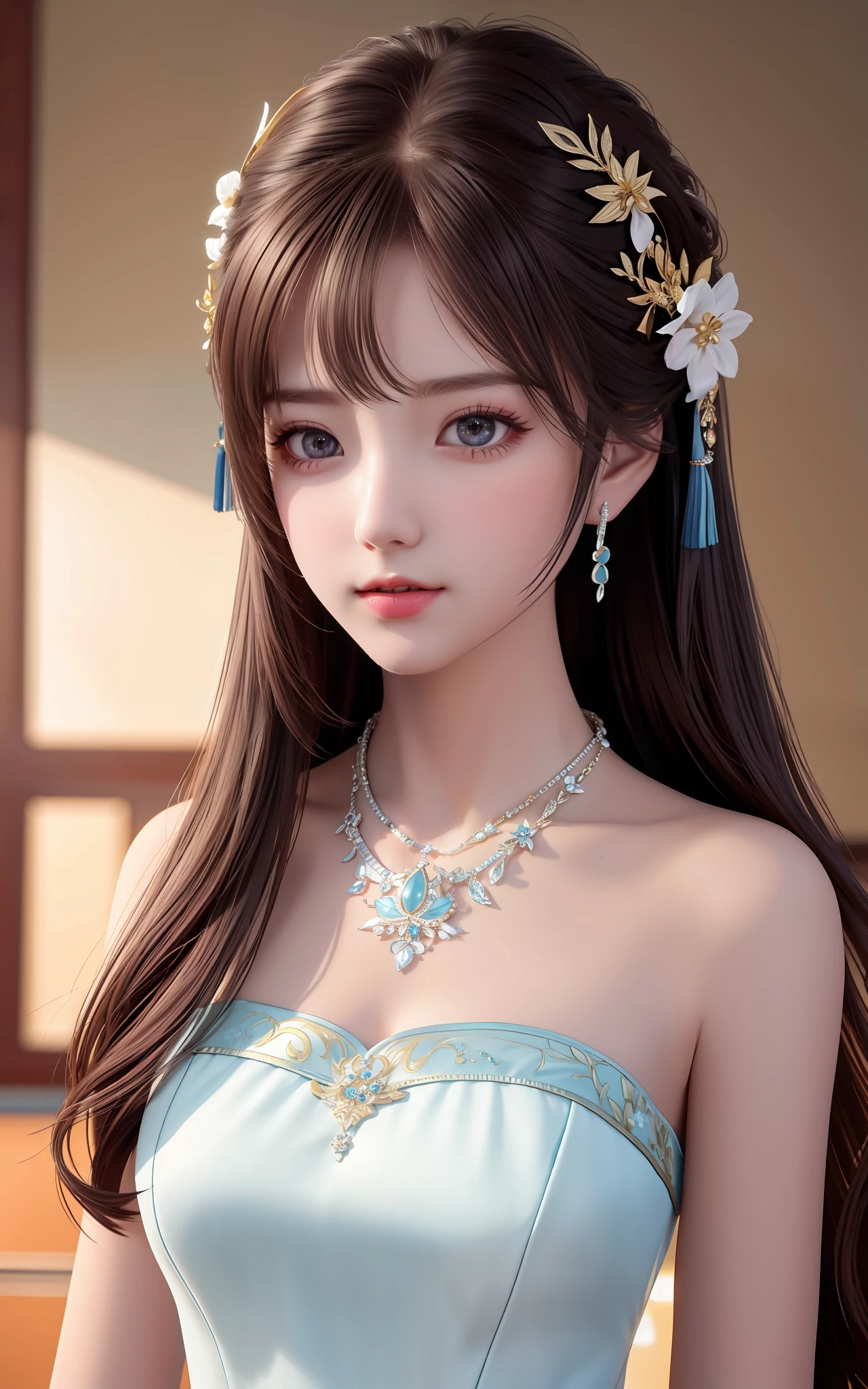 Best Quality, Masterpiece, High Resolution, 1girl, Porcelain Dress, Hair Accessories, Necklace, Jewelry, Pretty Face, On Body, Tyndall Effect, Realistic, Shadow Studio, Rim Lighting, Dual Tone Lighting, (High Detail Skins: 1.2), 8k UHD, dslr, soft light, high quality, volume light, sneak shot, photo, high resolution, 4k, 8k, background blur,