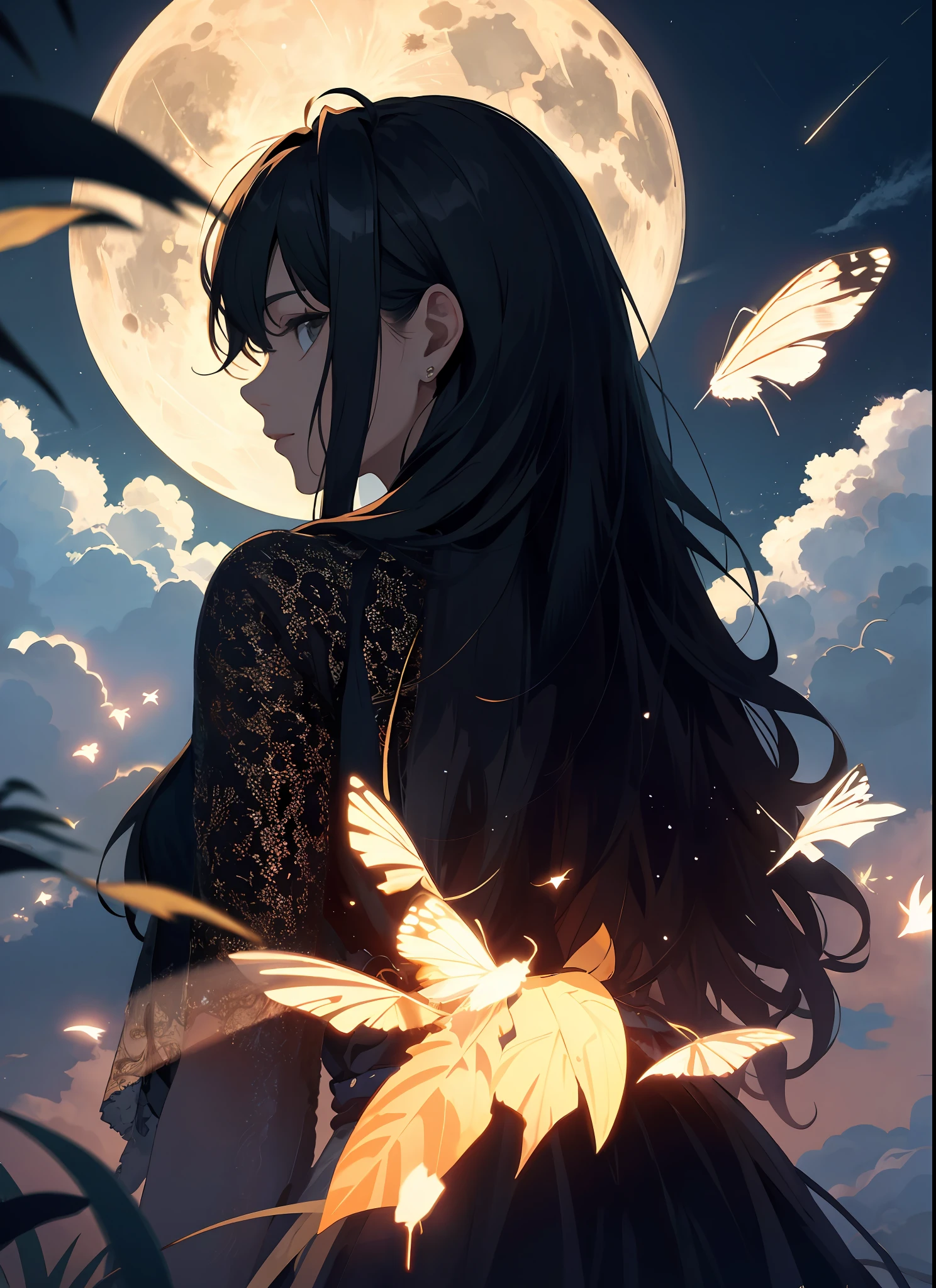 Masterpiece, best quality, night, hills, clouds, full moon, long hair, woman, silhouette, firefly.