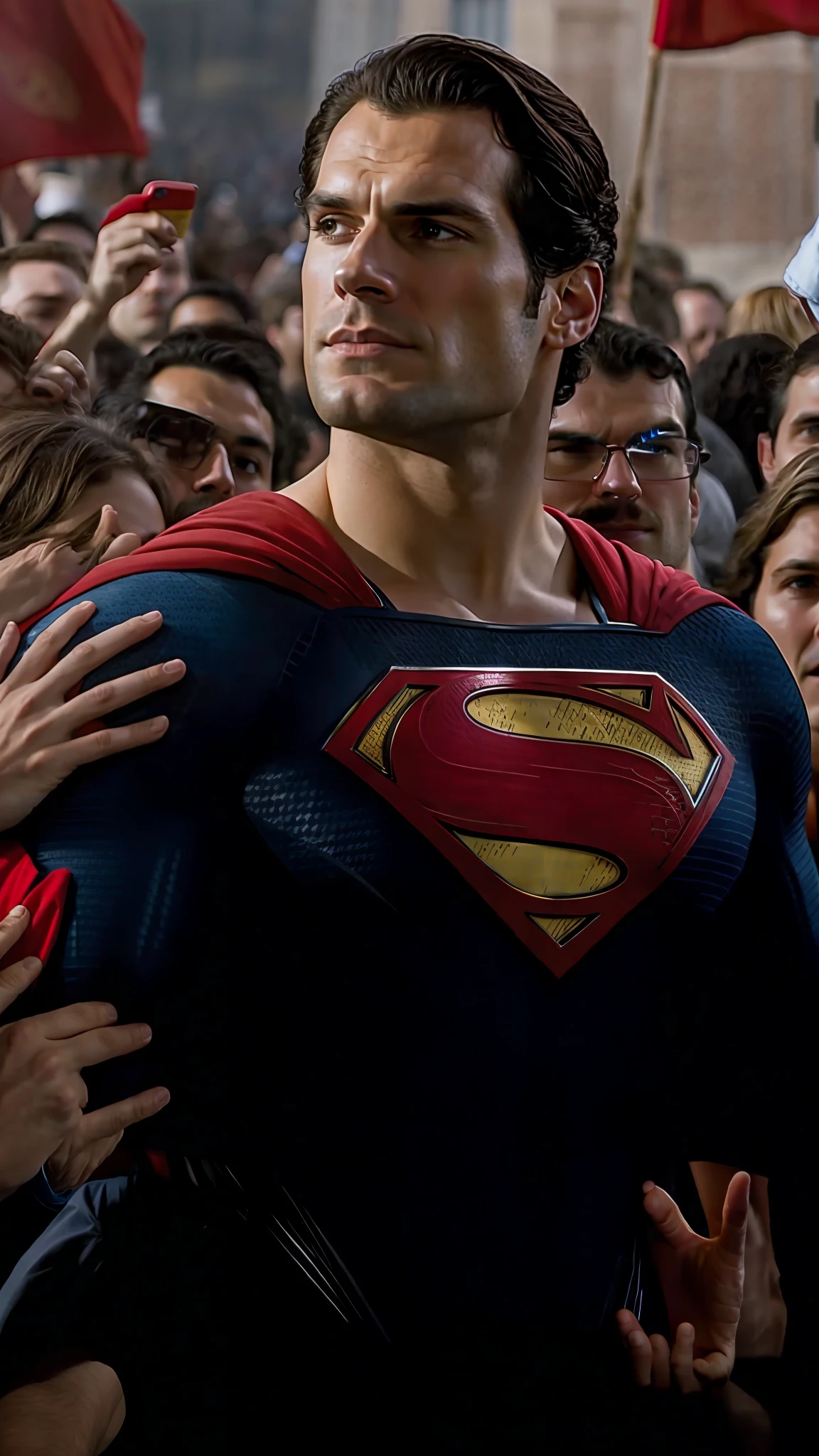 Superman in a crowd of people, Herry Cavill, Superman pose, Henry cavill as Superman, Superman, Superman is tall, his cape is the American flag, Henry cavill as Superman, saving the day again, Superman emerging from the sun, embracing the superego, in the Justice League, Henry cavill as Superman, Henry cavill as Superman, Superman costume, leaked image