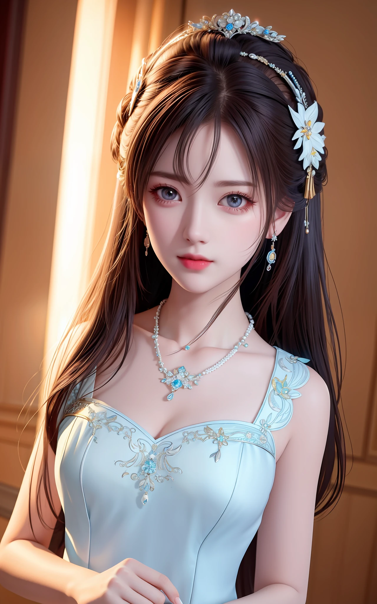 Best Quality, Masterpiece, High Resolution, 1girl, Porcelain Dress, Hair Accessories, Necklace, Jewelry, Pretty Face, On Body, Tyndall Effect, Realistic, Shadow Studio, Rim Lighting, Dual Tone Lighting, (High Detail Skins: 1.2), 8k UHD, dslr, soft light, high quality, volume light, sneak shot, photo, high resolution, 4k, 8k, background blur,