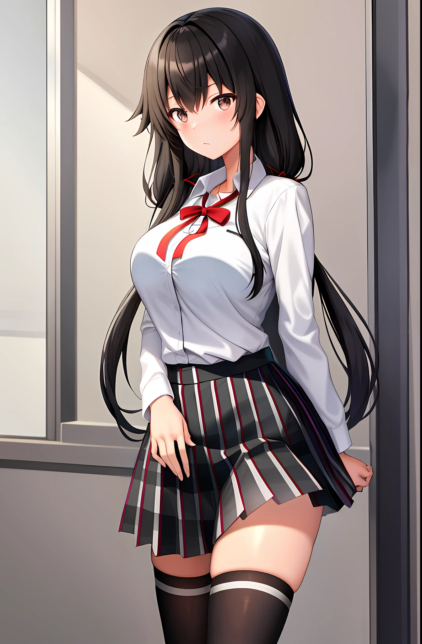 yukino yukinoshita, absurdres, highres, solo, school uniform, big breasts, waist long black hair, twintails, miniskirt, black thighhigh socks, loose red ribbon, unbuttoned white shirt