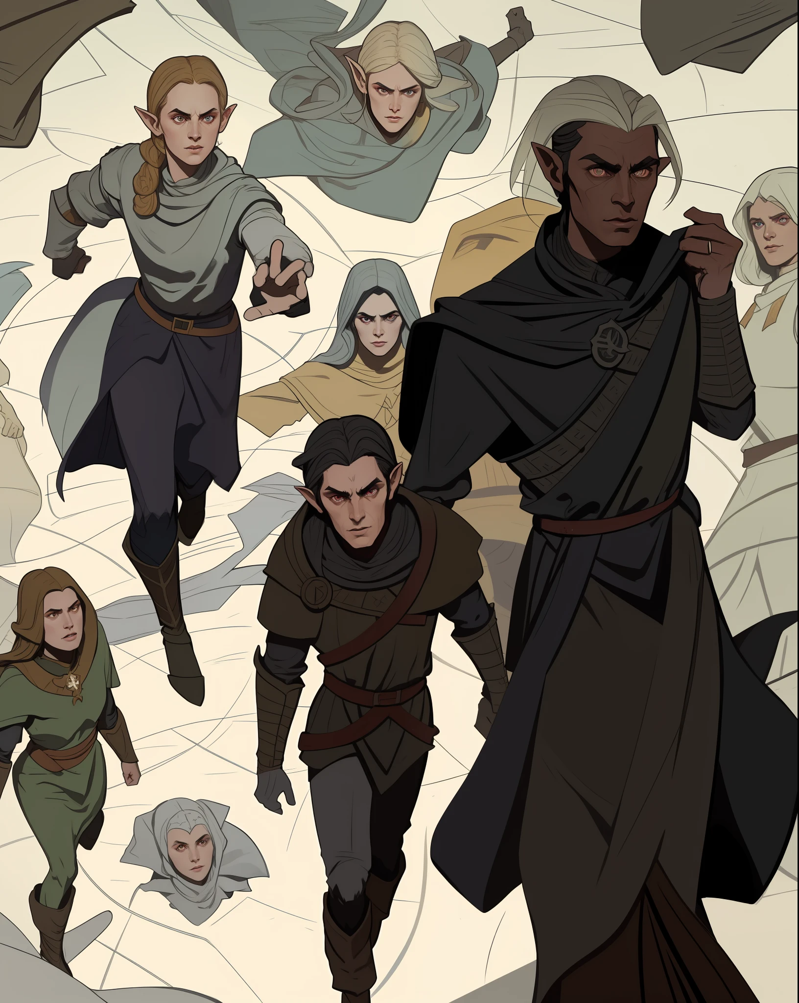 masterpiece, best quality, hyper detailed gouache portrait of a group of dark elves, medieval clothing, characters concept, detailed symmetric bodies, epic scene illustration, graphic novel scene, dramatic, tension, cinematic, dynamic angles