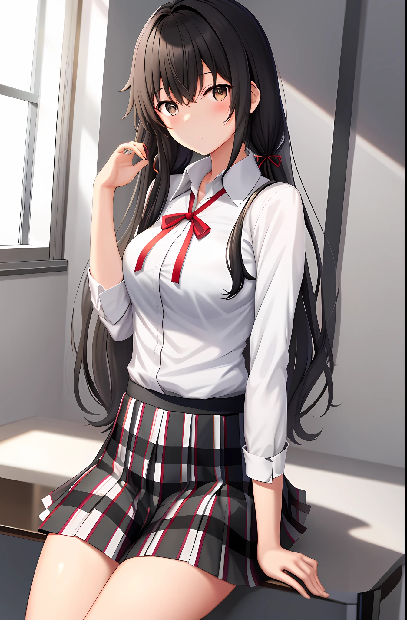yukino yukinoshita, absurdres, highres, solo, school uniform, big breasts, waist long black hair, twintails, miniskirt, black thighhigh socks, loose red ribbon, unbuttoned white shirt