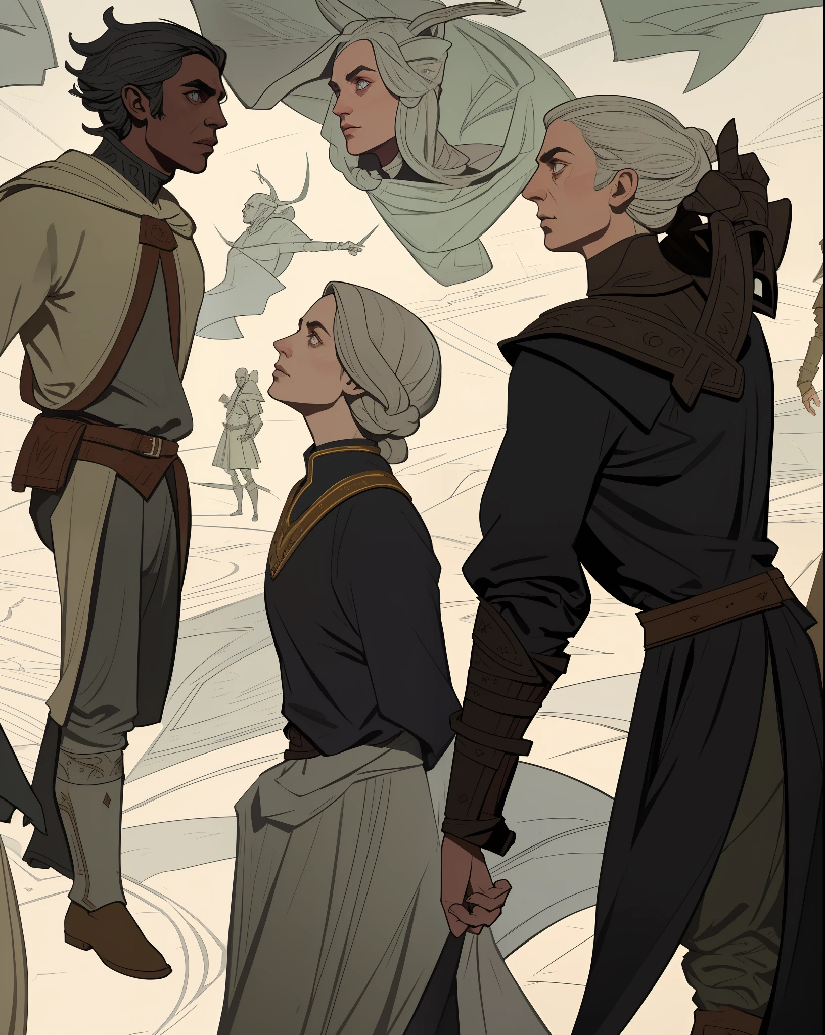 masterpiece, best quality, hyper detailed gouache portrait of a group of dark elves, medieval clothing, characters concept, detailed symmetric bodies, epic scene illustration, graphic novel scene, dramatic, tension, cinematic, dynamic angles