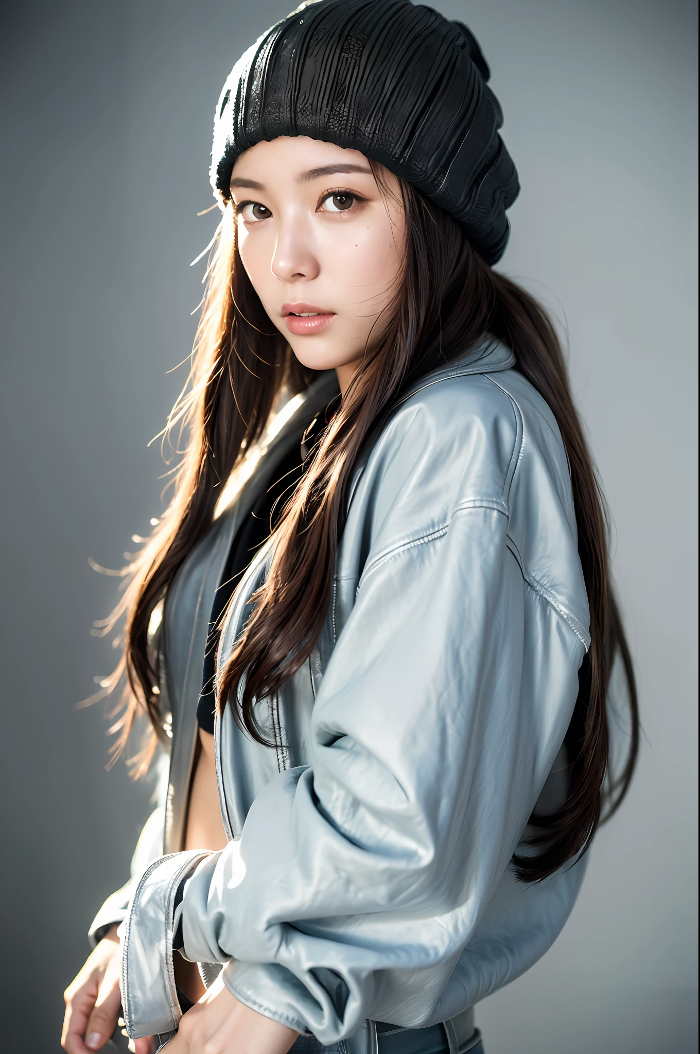 seductive ass, ((8k:1.27), best quality, masterpiece, ultra highres:1.2) Photo of a beautiful Japanese woman (linda:1.1) (science fiction warrior woman:1.1) space soldier, (beanie:1.61) (leather jacket:1.21) intricate elegant, fantasy, detailed, metric by Greg Rutkowski and Alphonse Mucha, gradient lighting