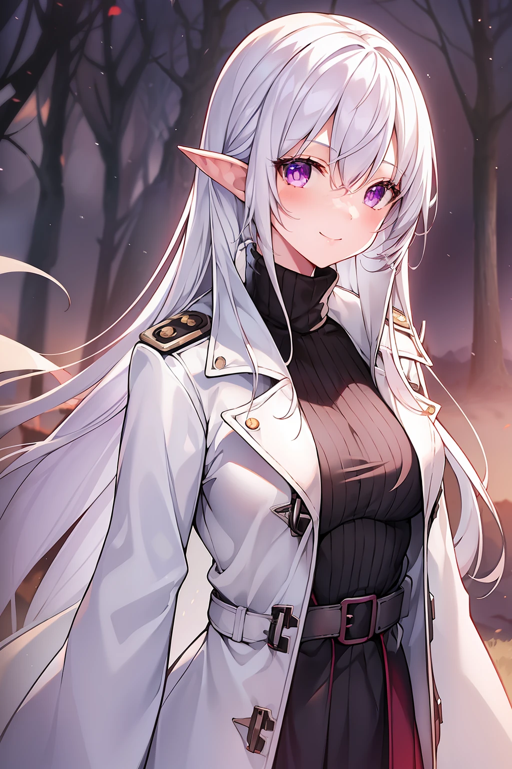 1girl, ((medium-small breasts)), (standing atop a hill in front of me), smile, light blush, (thin eyebrows:-1), ((straight hair)), (hair intakes:1), white hair, (very long hair), purple eyes, ((black trench coat)), ((red turtleneck)), black skirt, (pointy ears), ((vintage)), (((from front))),
